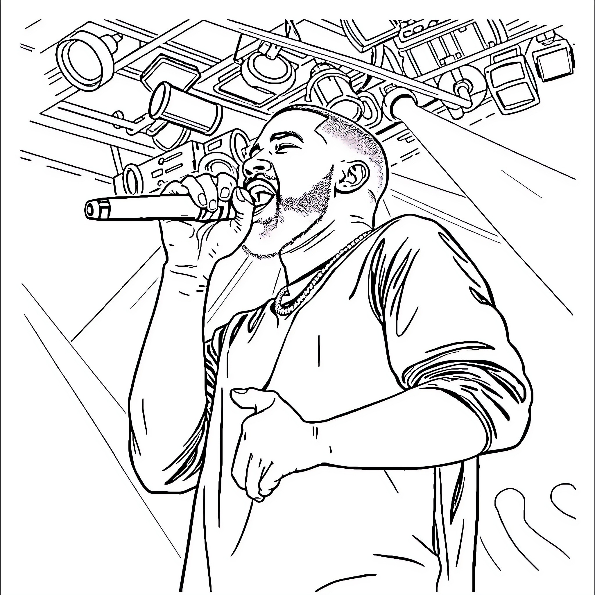 Drake performing on stage with passion Coloring Page (free black-and-white line drawing printable PDF for all, from beginners to advanced learners, including children, teens, adults, and seniors)