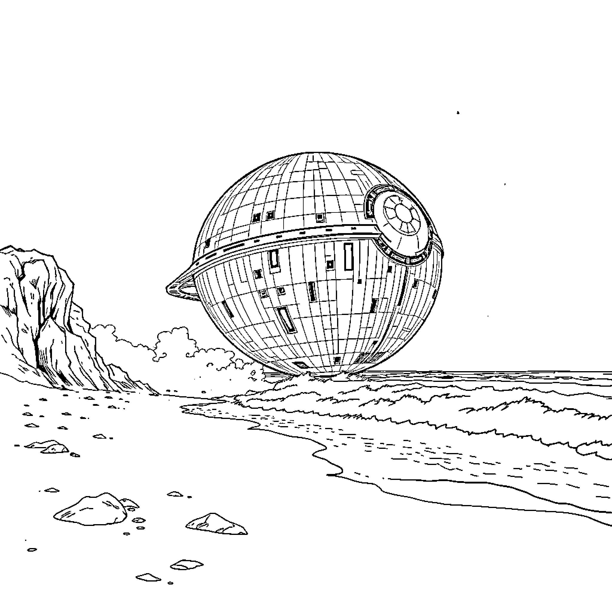 Death Star floating above an alien seascape Coloring Page (free black-and-white line drawing printable PDF for all, from beginners to advanced learners, including children, teens, adults, and seniors)