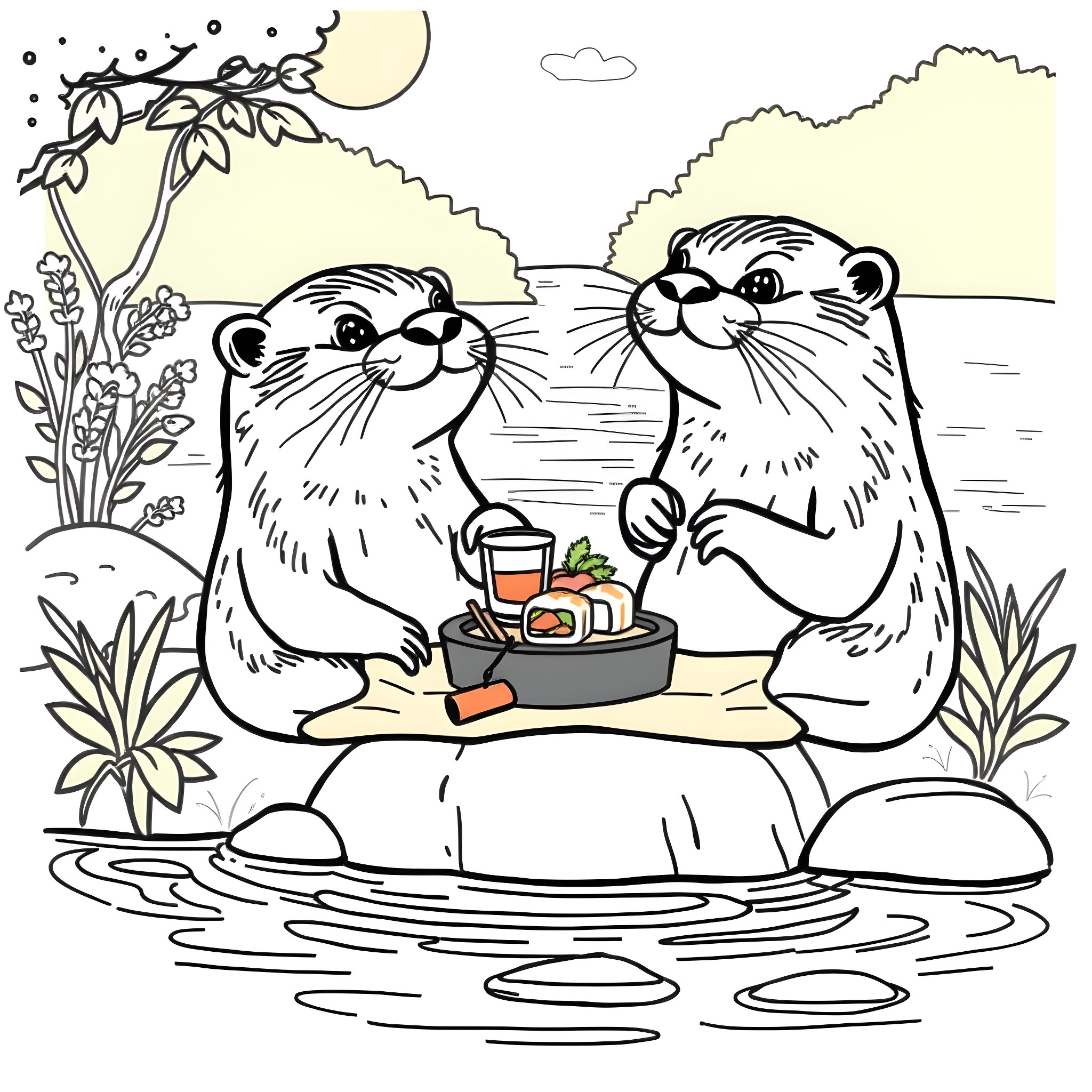 Otters enjoying a relaxing picnic by the lake Coloring Page (free black-and-white line drawing printable PDF for all, from beginners to advanced learners, including children, teens, adults, and seniors)