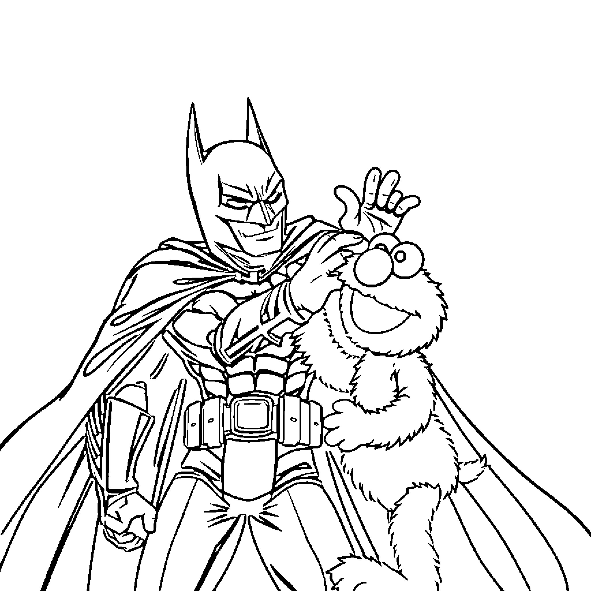 Batman with a furry sidekick in a comic book style Coloring Page (free black-and-white line drawing printable PDF for all, from beginners to advanced learners, including children, teens, adults, and seniors)