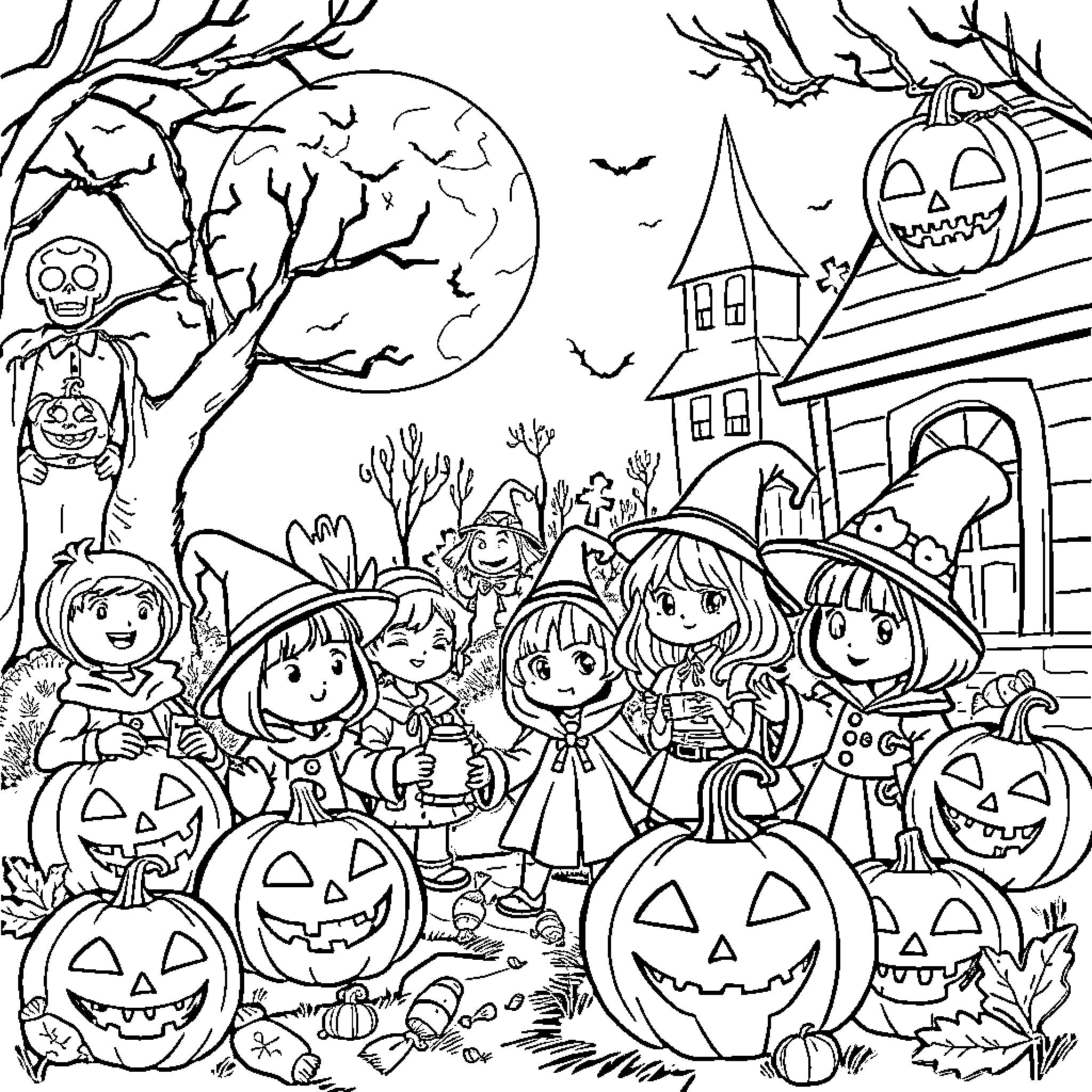 Halloween Characters Celebrating at Haunted House Coloring Page (free black-and-white line drawing printable PDF for all, from beginners to advanced learners, including children, teens, adults, and seniors)
