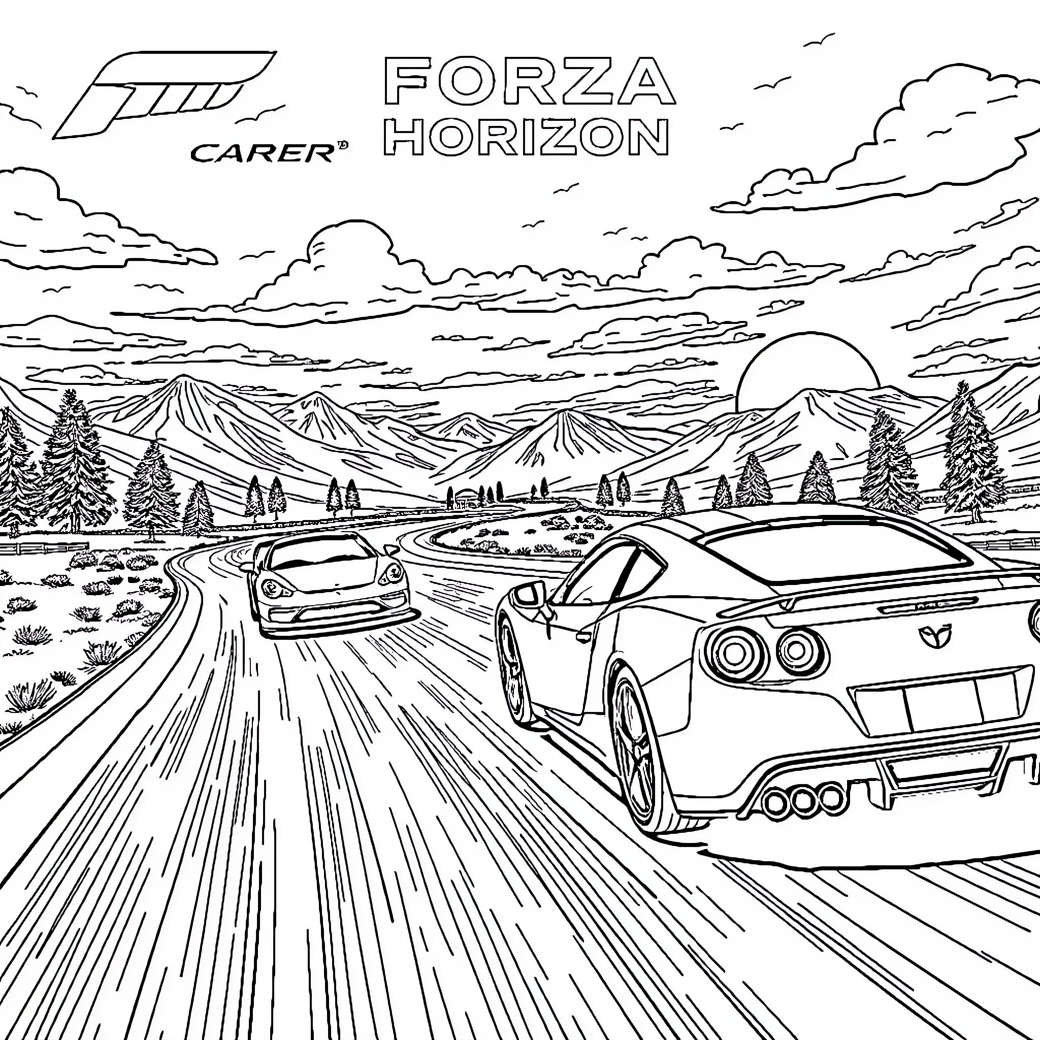 Car racing on Forza Horizon scenic road Coloring Page (free black-and-white line drawing printable PDF for all, from beginners to advanced learners, including children, teens, adults, and seniors)