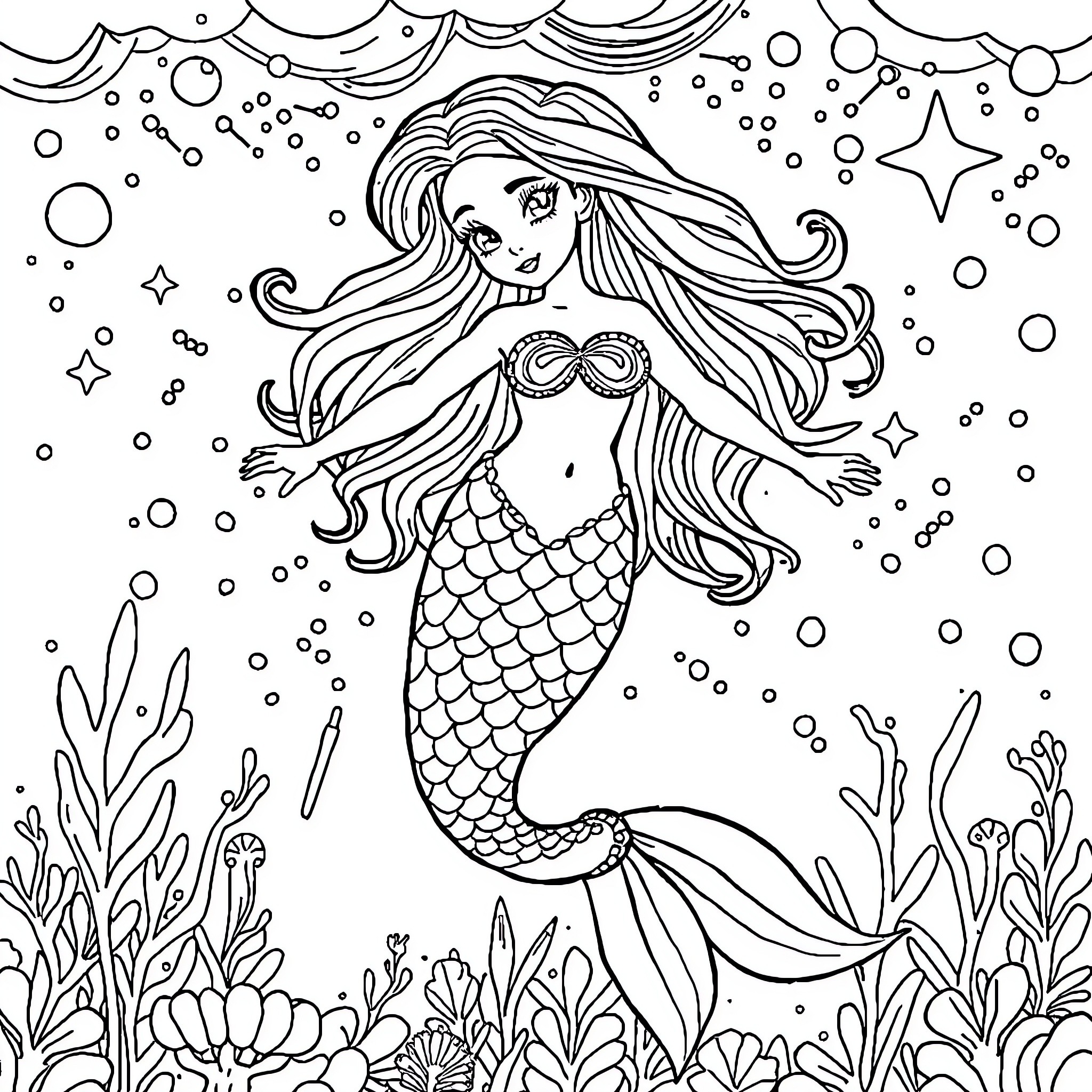 Mermaid exploring the underwater world Coloring Page (free black-and-white line drawing printable PDF for all, from beginners to advanced learners, including children, teens, adults, and seniors)