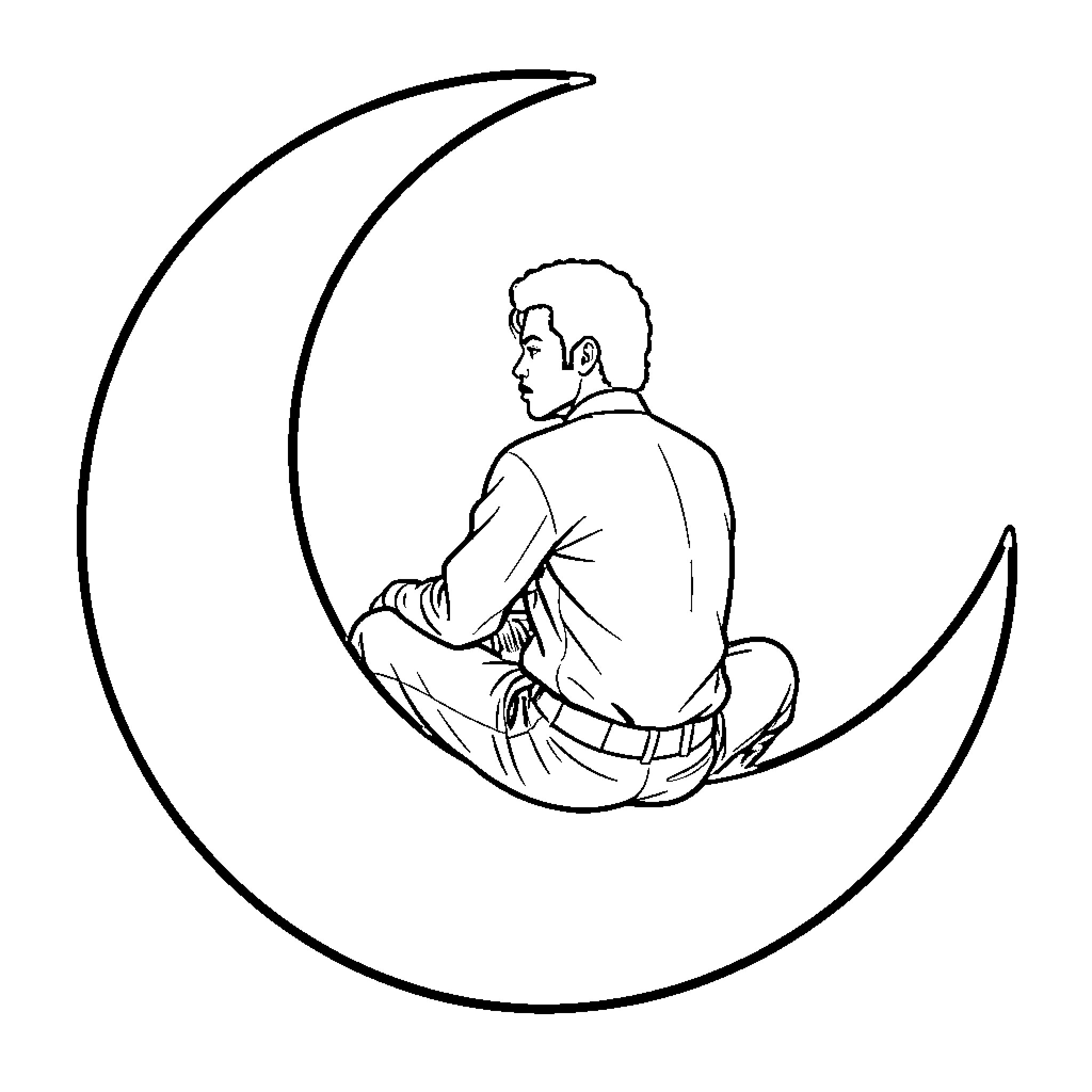 Michael Jackson sitting calmly on a crescent moon Coloring Page (free black-and-white line drawing printable PDF for all, from beginners to advanced learners, including children, teens, adults, and seniors)