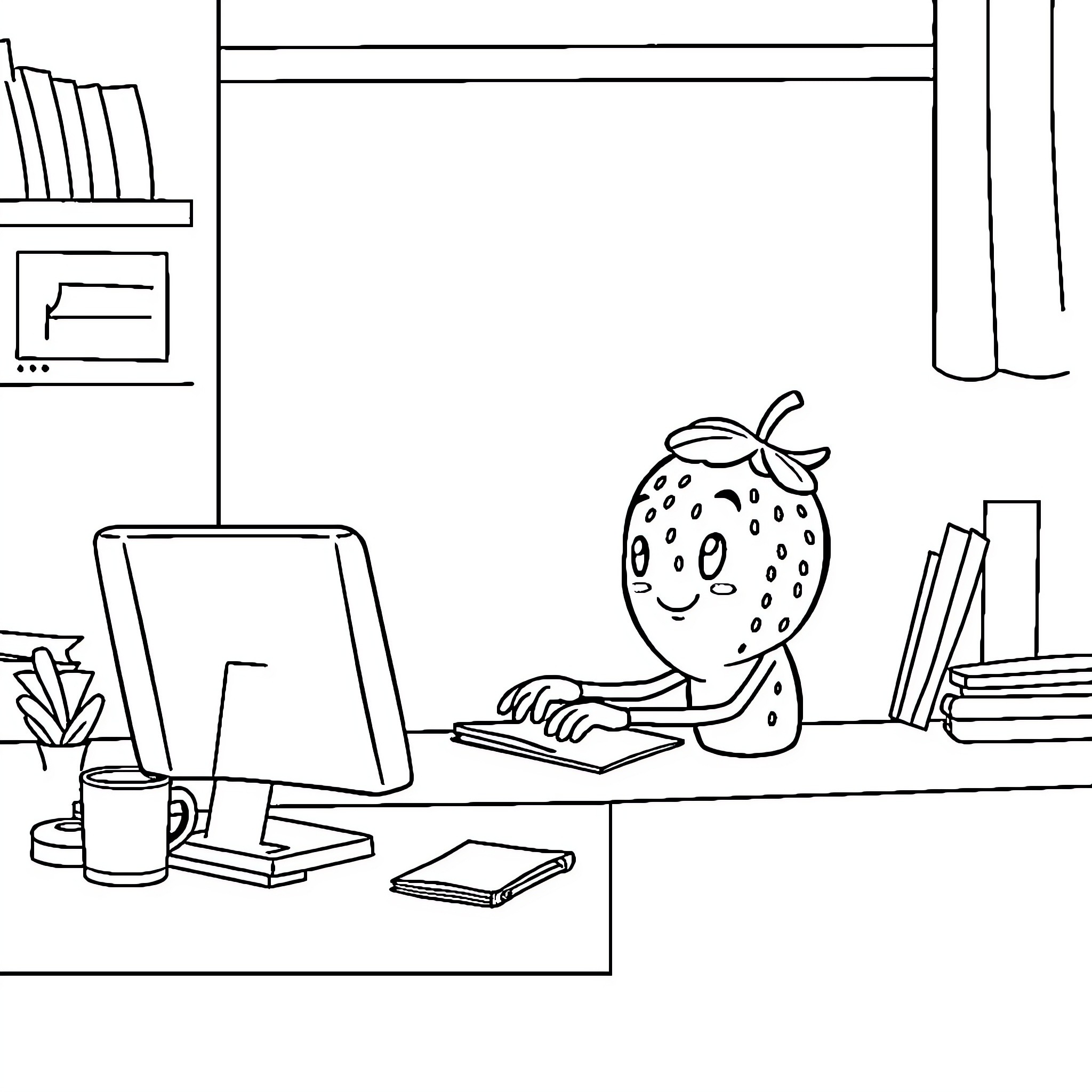 Strawberry working diligently at the computer desk Coloring Page (free black-and-white line drawing printable PDF for all, from beginners to advanced learners, including children, teens, adults, and seniors)