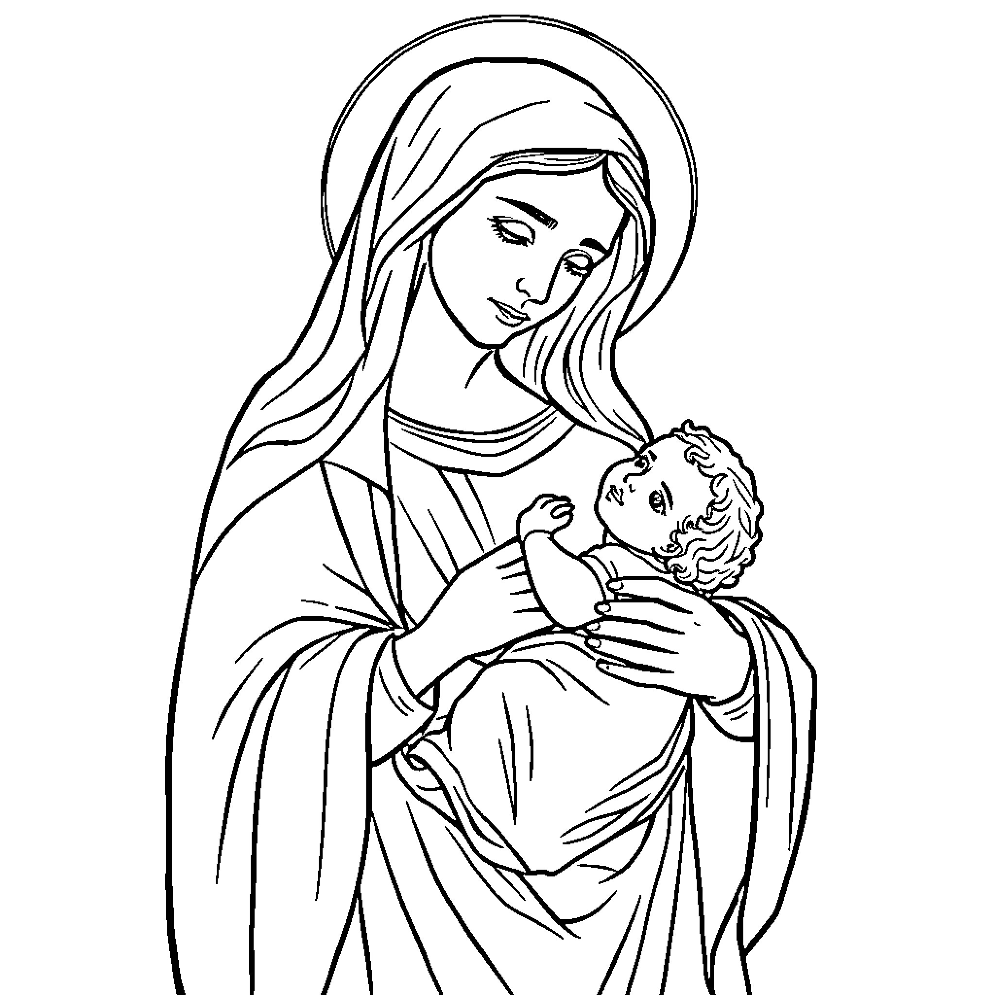 Mary's Loving Embrace Coloring Page (free black-and-white line drawing printable PDF for all, from beginners to advanced learners, including children, teens, adults, and seniors)