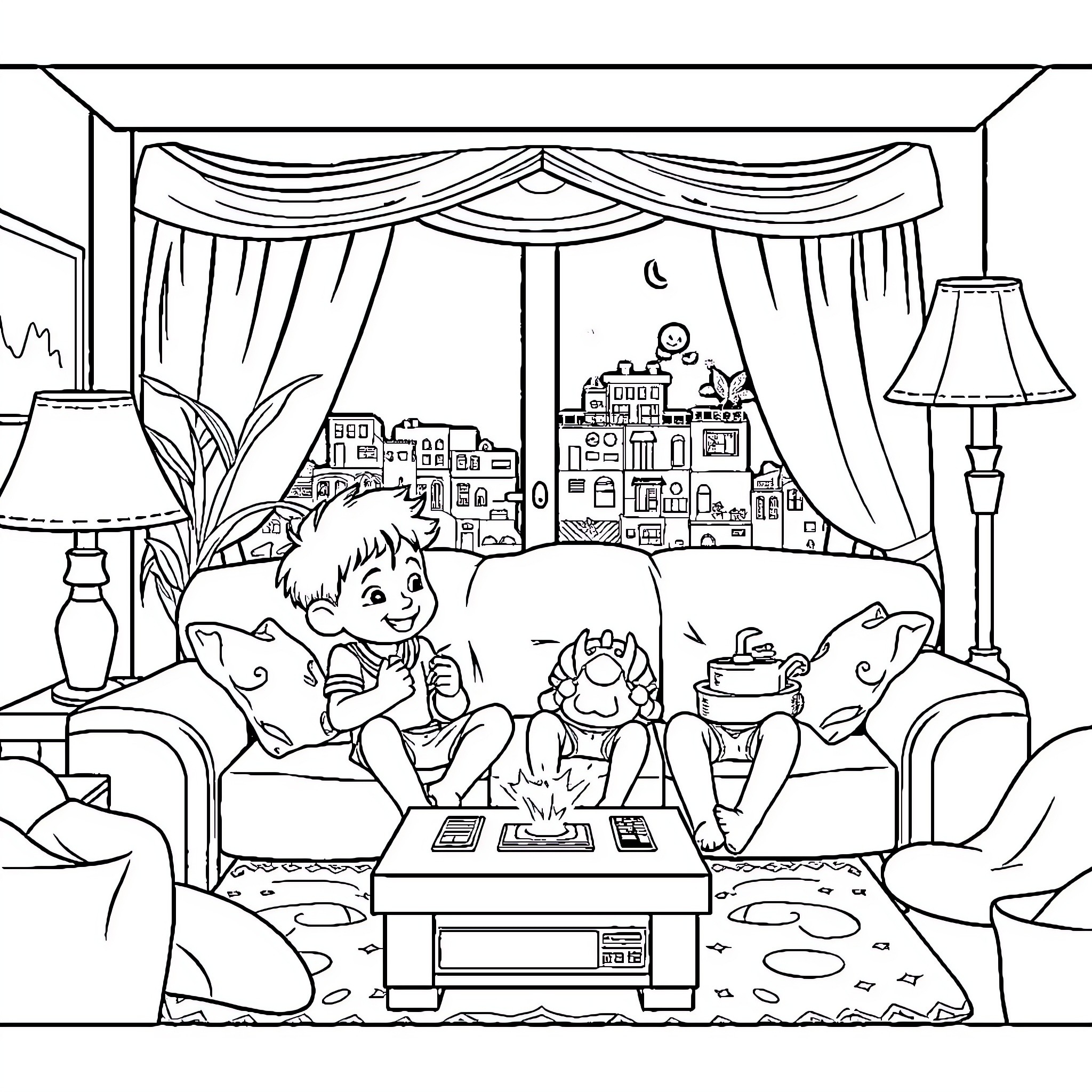 Pumuda's Cozy Night In With Friends Coloring Page (free black-and-white line drawing printable PDF for all, from beginners to advanced learners, including children, teens, adults, and seniors)