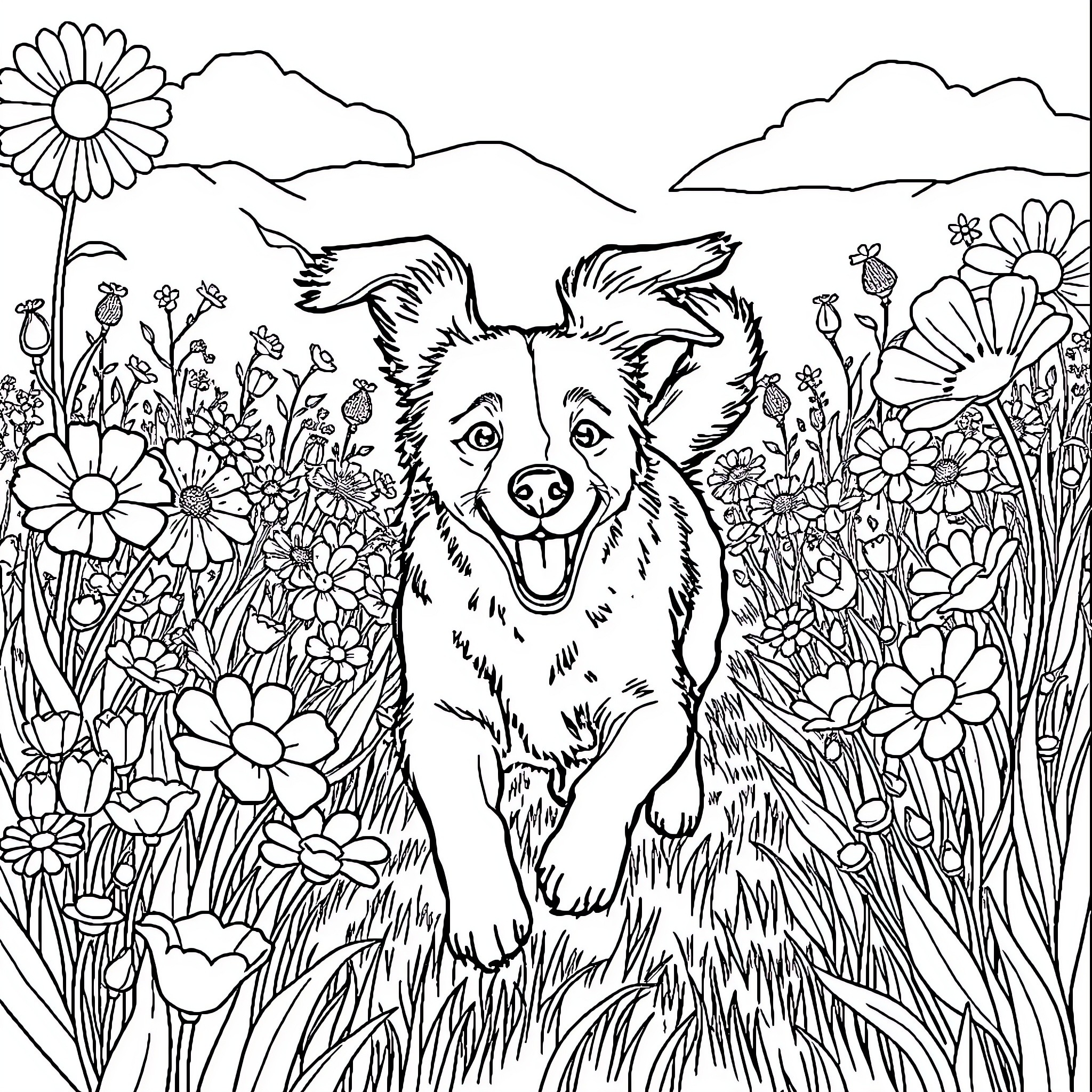 Dog frolicking happily in a flower-filled meadow Coloring Page (free black-and-white line drawing printable PDF for all, from beginners to advanced learners, including children, teens, adults, and seniors)