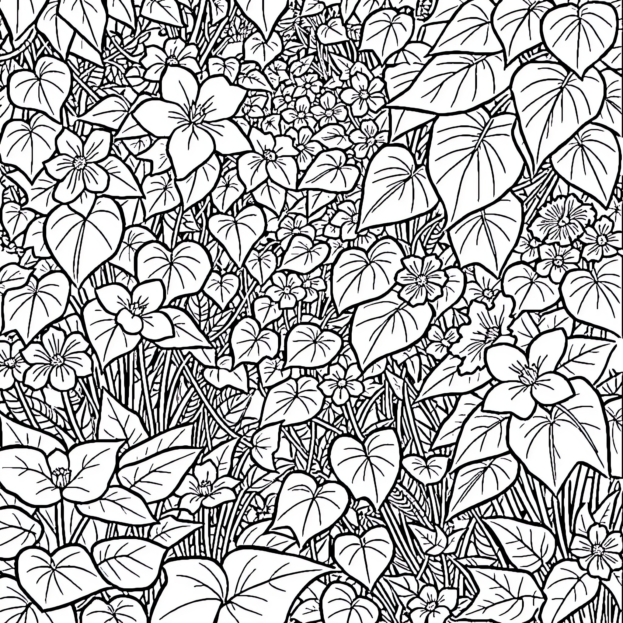 Poison Ivy's Lush Garden Oasis Coloring Page (free black-and-white line drawing printable PDF for all, from beginners to advanced learners, including children, teens, adults, and seniors)