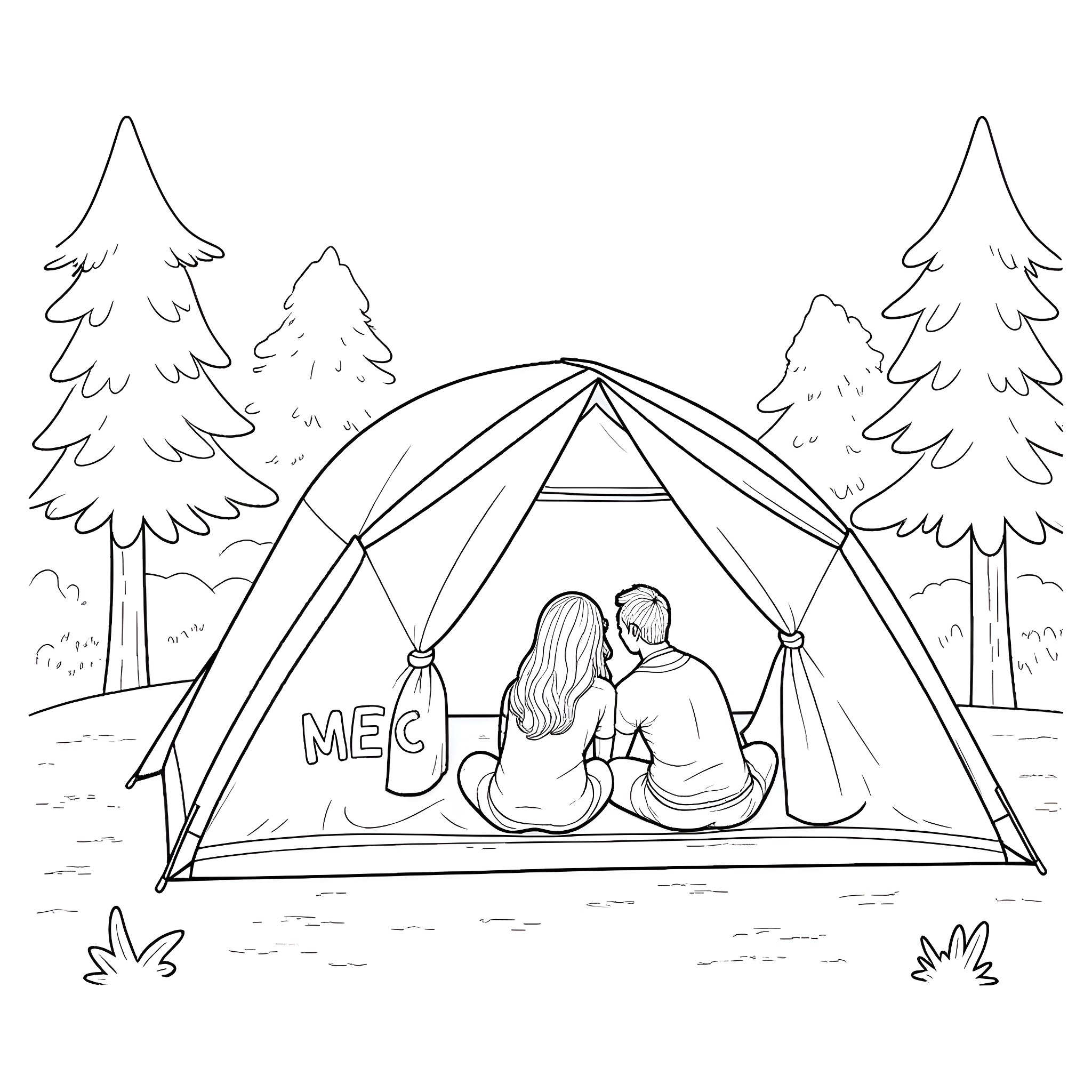 Couple camping in the woods Coloring Page (free black-and-white line drawing printable PDF for all, from beginners to advanced learners, including children, teens, adults, and seniors)