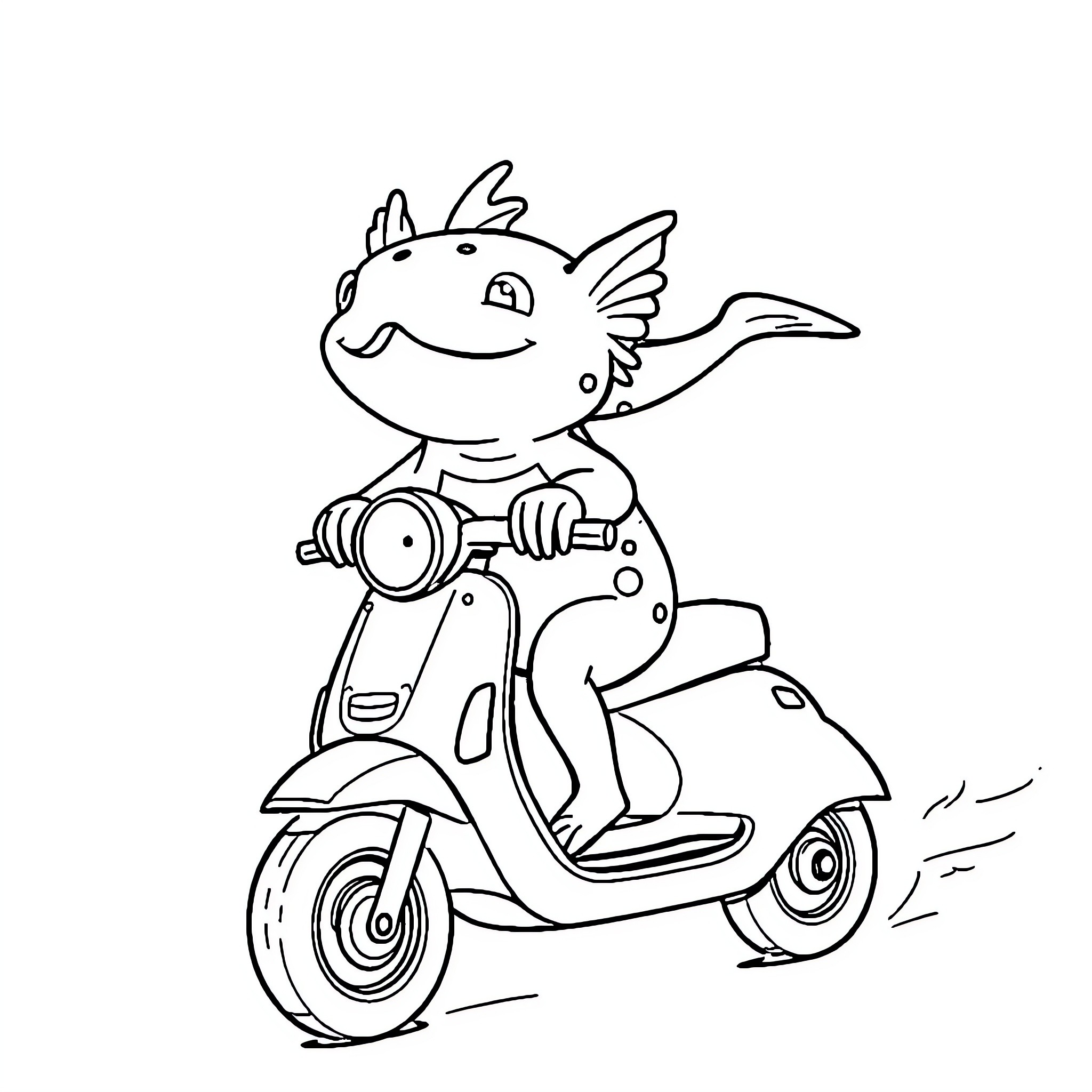 Axolotl riding a scooter happily Coloring Page (free black-and-white line drawing printable PDF for all, from beginners to advanced learners, including children, teens, adults, and seniors)