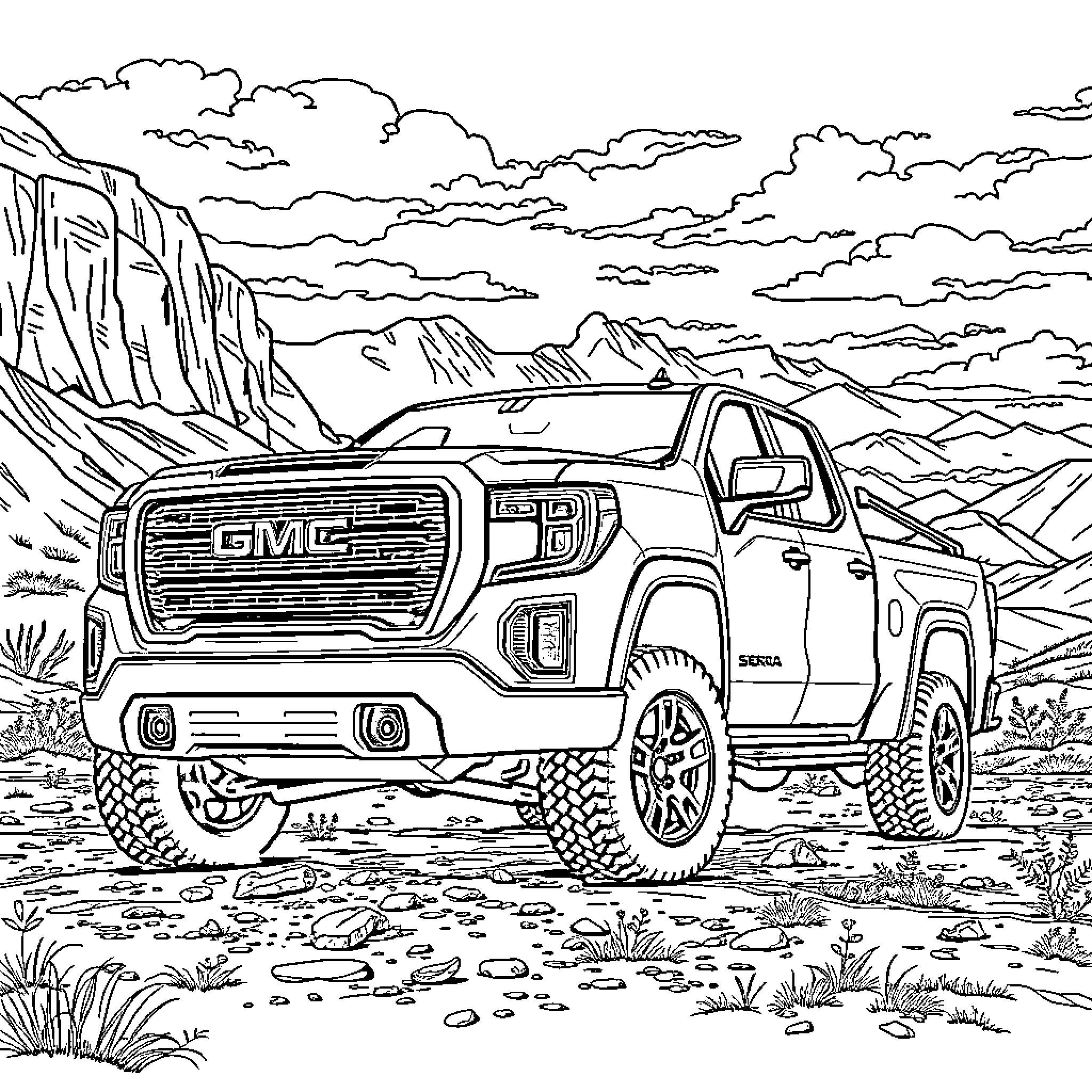 GMC Sierra off-road adventure in the rugged mountains Coloring Page (free black-and-white line drawing printable PDF for all, from beginners to advanced learners, including children, teens, adults, and seniors)