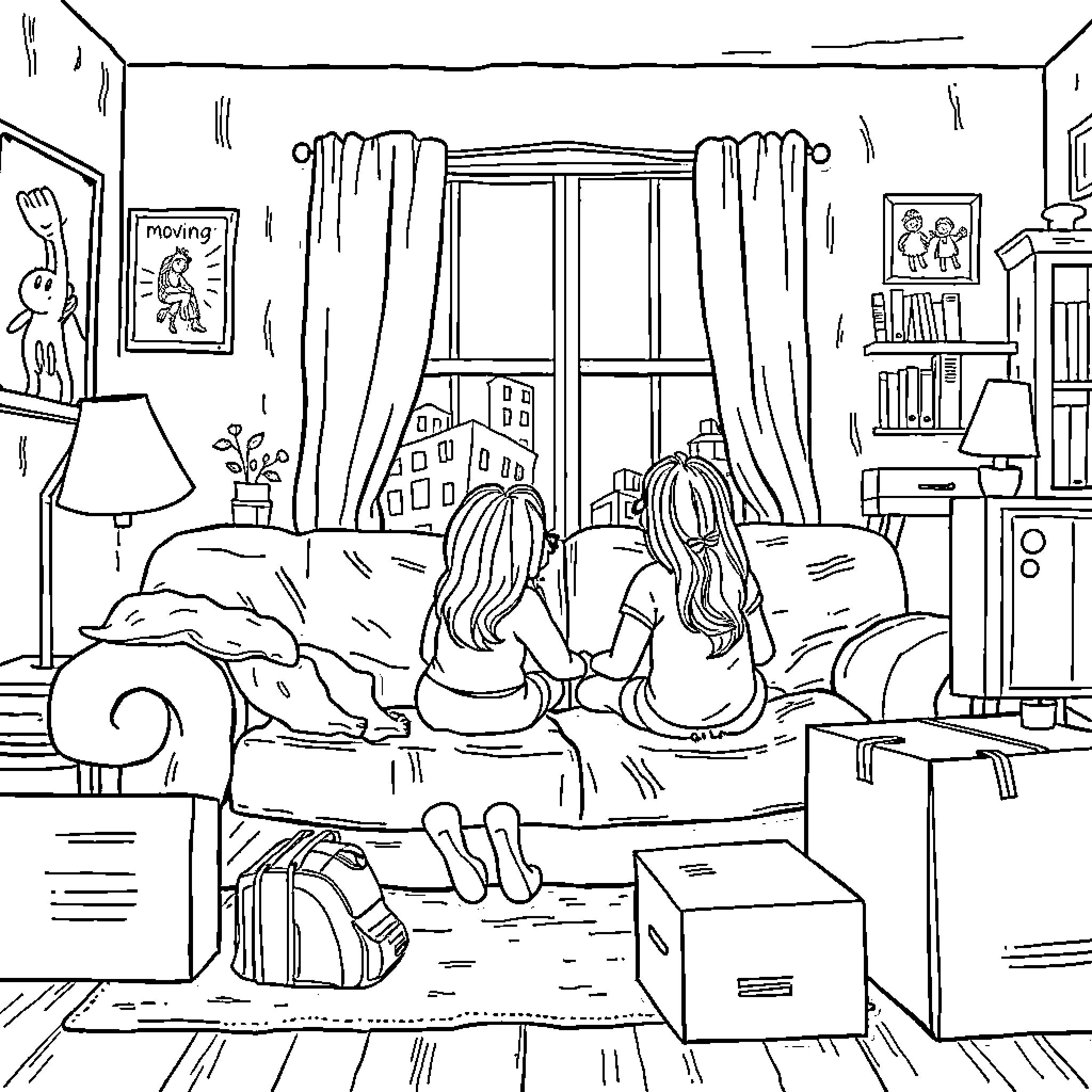 Lid Cozy Gathering of Friends in Bedroom Coloring Page (free black-and-white line drawing printable PDF for all, from beginners to advanced learners, including children, teens, adults, and seniors)