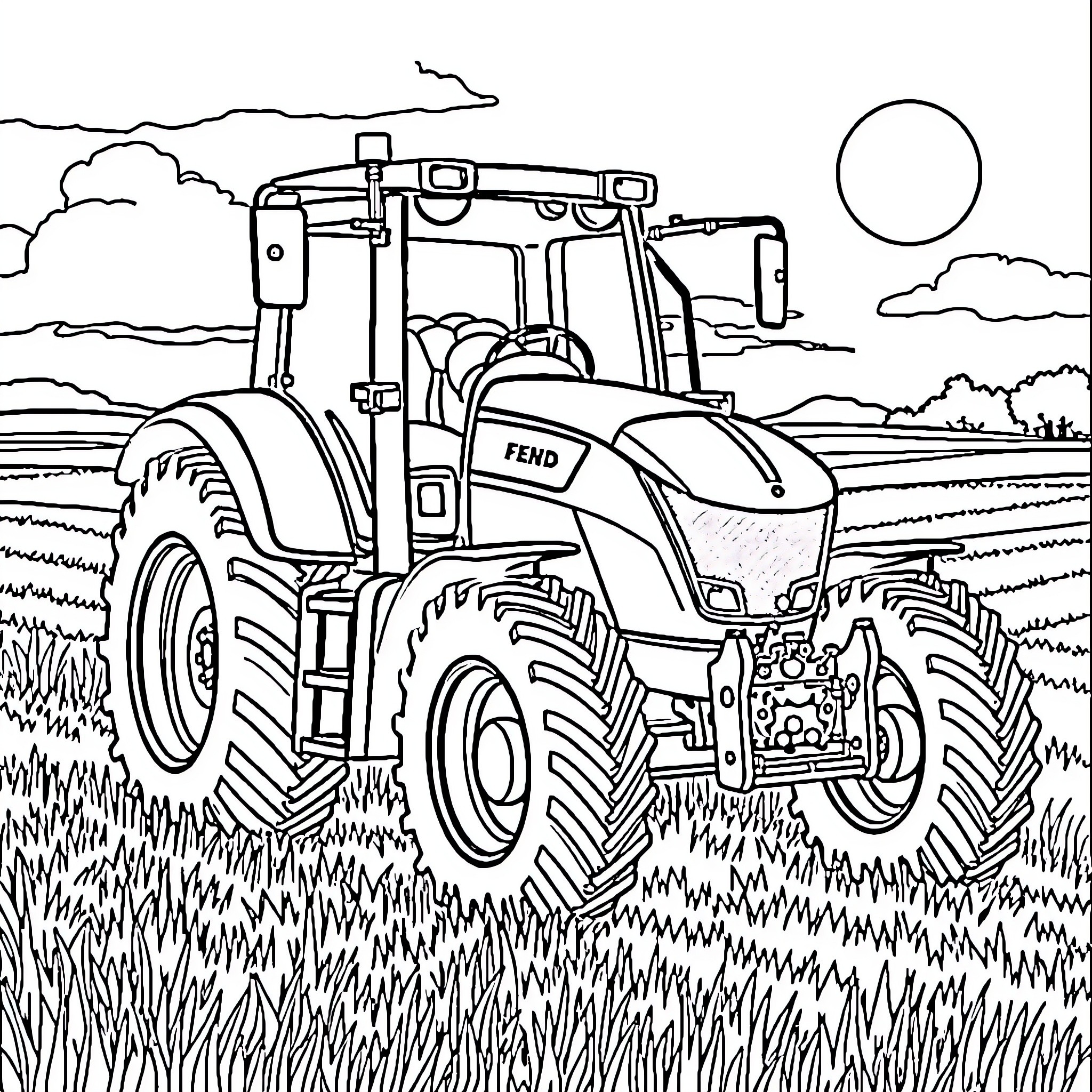 Fendt Farmer operating tractor in scenic rural landscape Coloring Page (free black-and-white line drawing printable PDF for all, from beginners to advanced learners, including children, teens, adults, and seniors)