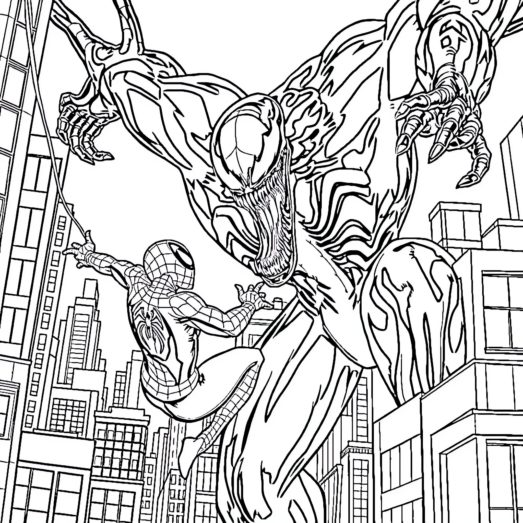 Spider-Man confronting a menacing alien symbiote creature Coloring Page (free black-and-white line drawing printable PDF for all, from beginners to advanced learners, including children, teens, adults, and seniors)