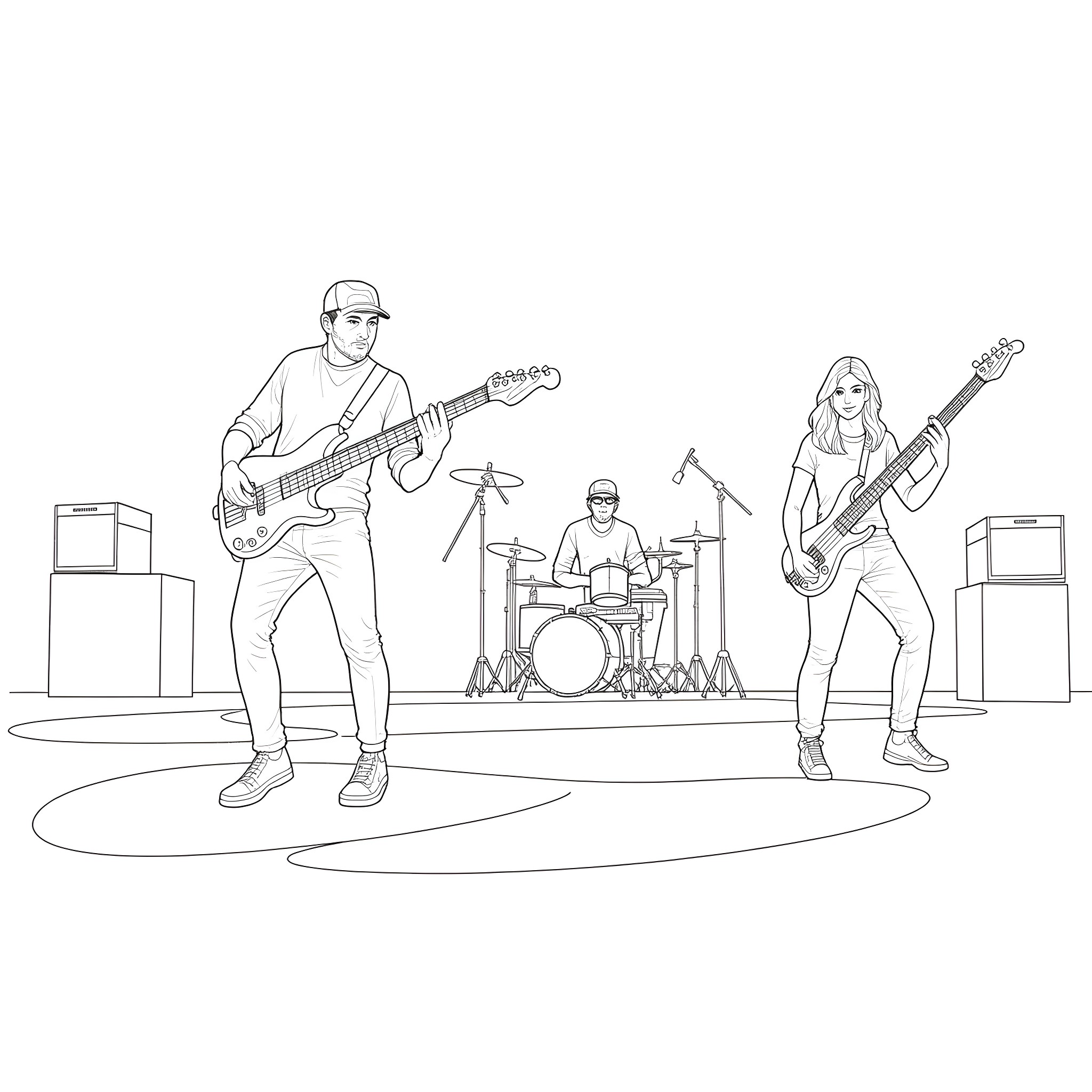 Depeche Mode band members performing on stage Coloring Page (free black-and-white line drawing printable PDF for all, from beginners to advanced learners, including children, teens, adults, and seniors)
