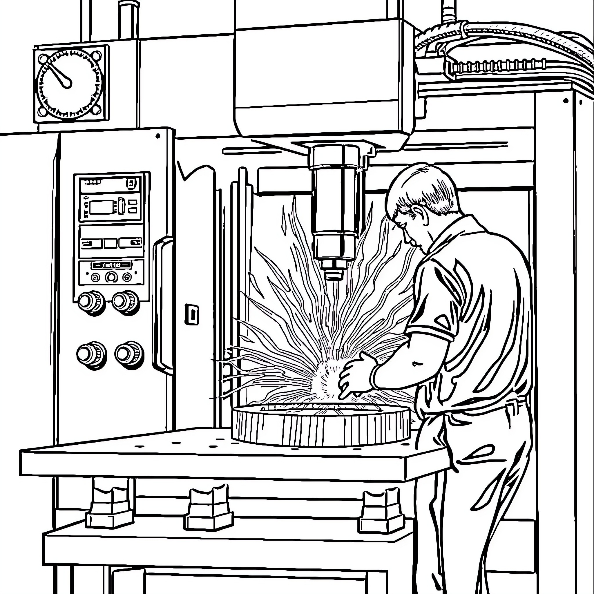 Dobladora: Metalworker Skillfully Operates Machinery Coloring Page (free black-and-white line drawing printable PDF for all, from beginners to advanced learners, including children, teens, adults, and seniors)