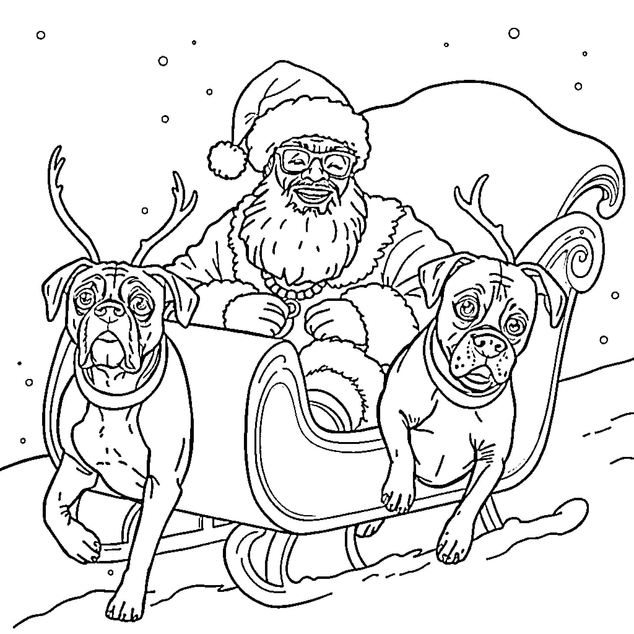 Snoop Dogg riding a sleigh with two dogs Coloring Page (free black-and-white line drawing printable PDF for all, from beginners to advanced learners, including children, teens, adults, and seniors)