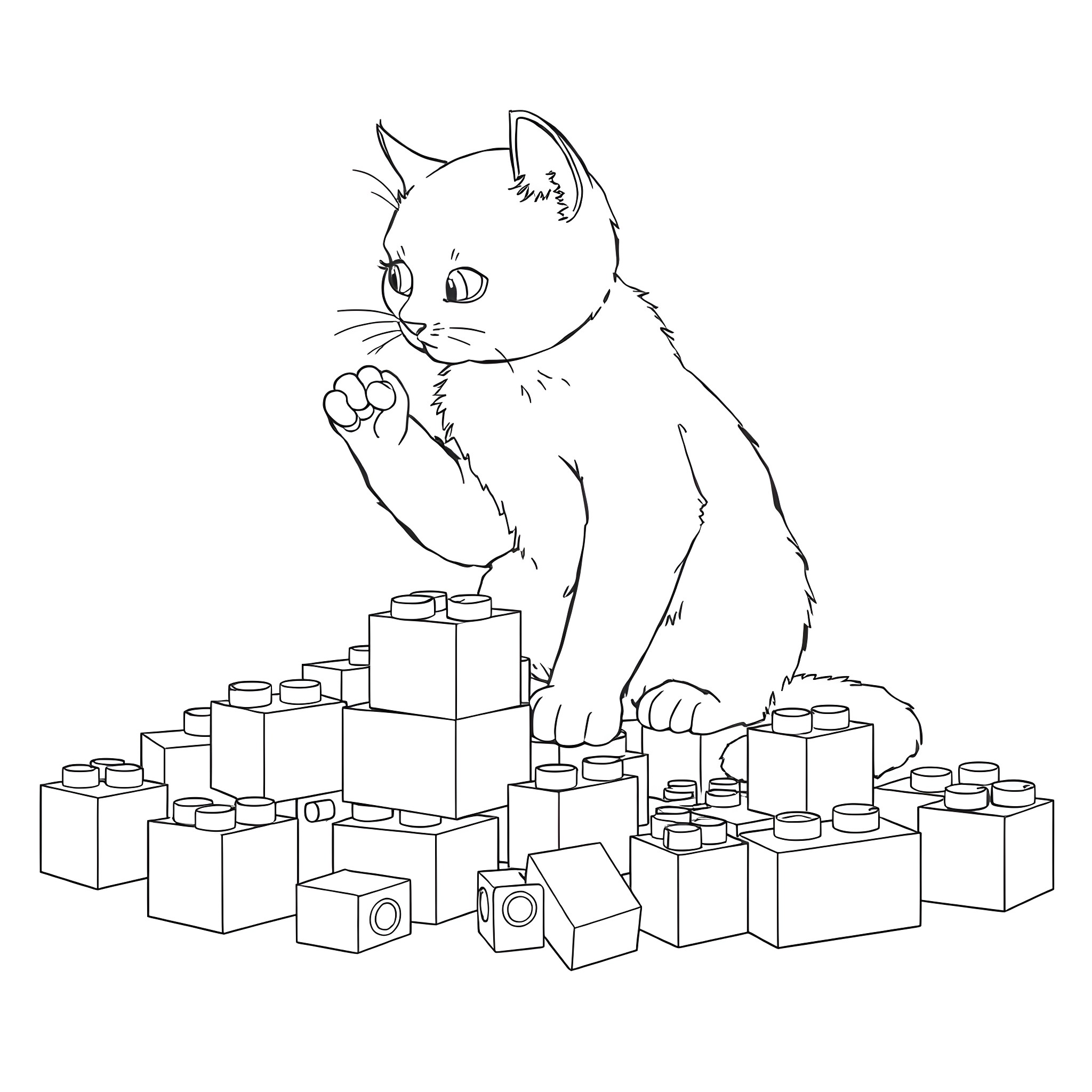 Cat playing with building blocks Coloring Page (free black-and-white line drawing printable PDF for all, from beginners to advanced learners, including children, teens, adults, and seniors)