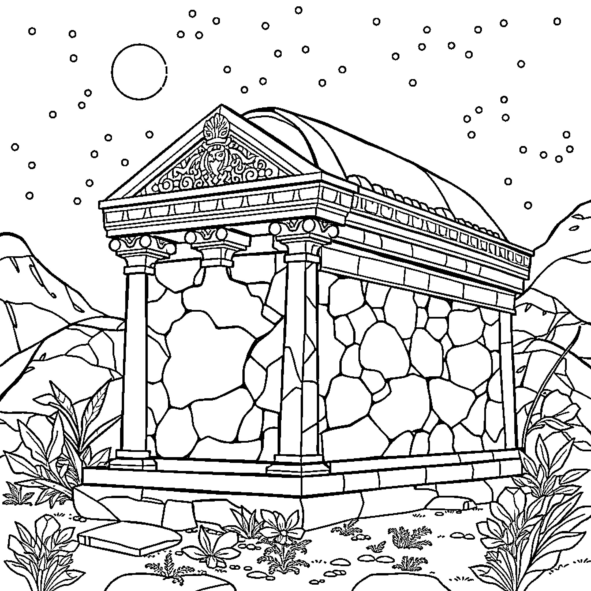 Sarcophagus in a mysterious landscape Coloring Page (free black-and-white line drawing printable PDF for all, from beginners to advanced learners, including children, teens, adults, and seniors)