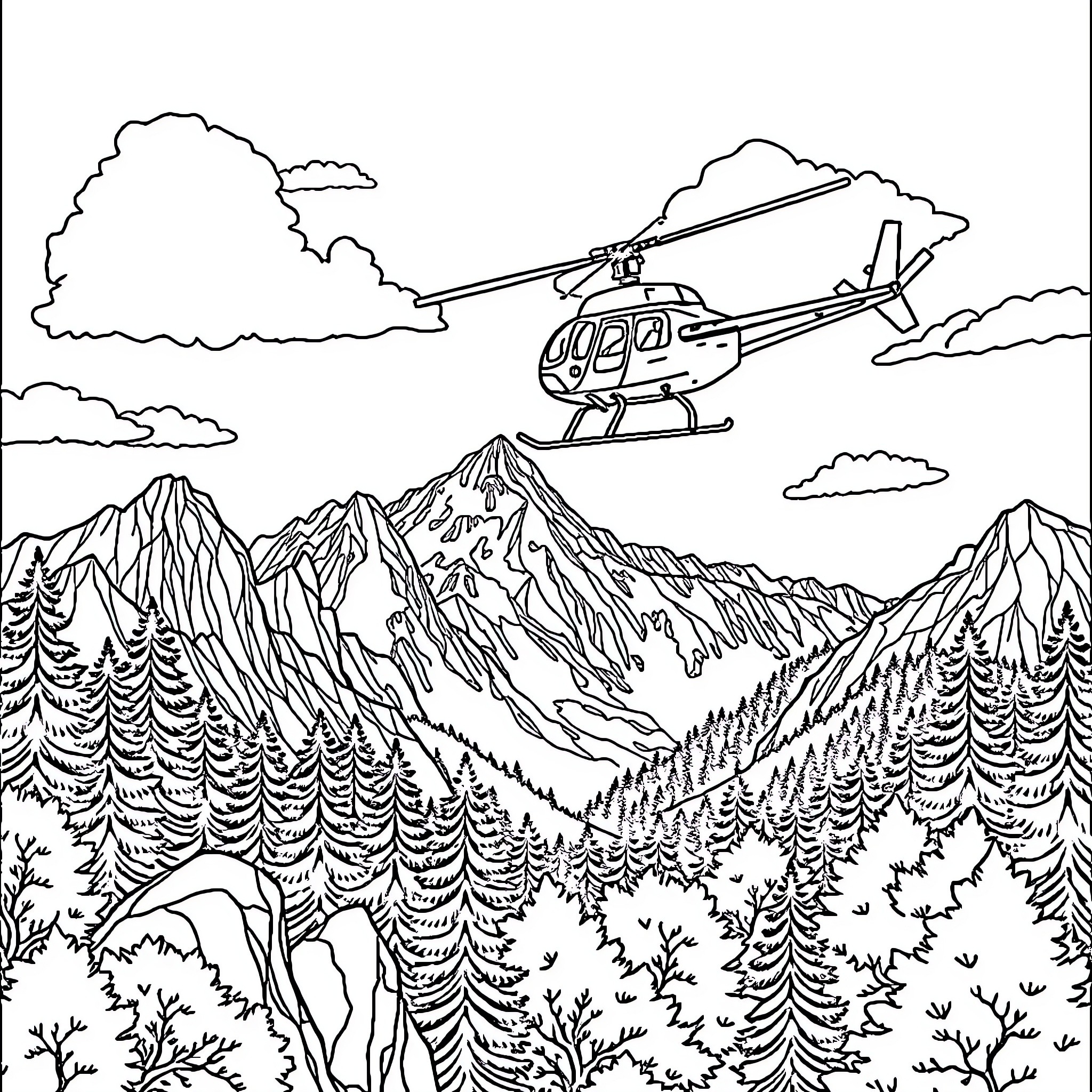 Helicopter soaring over majestic mountain landscape Coloring Page (free black-and-white line drawing printable PDF for all, from beginners to advanced learners, including children, teens, adults, and seniors)