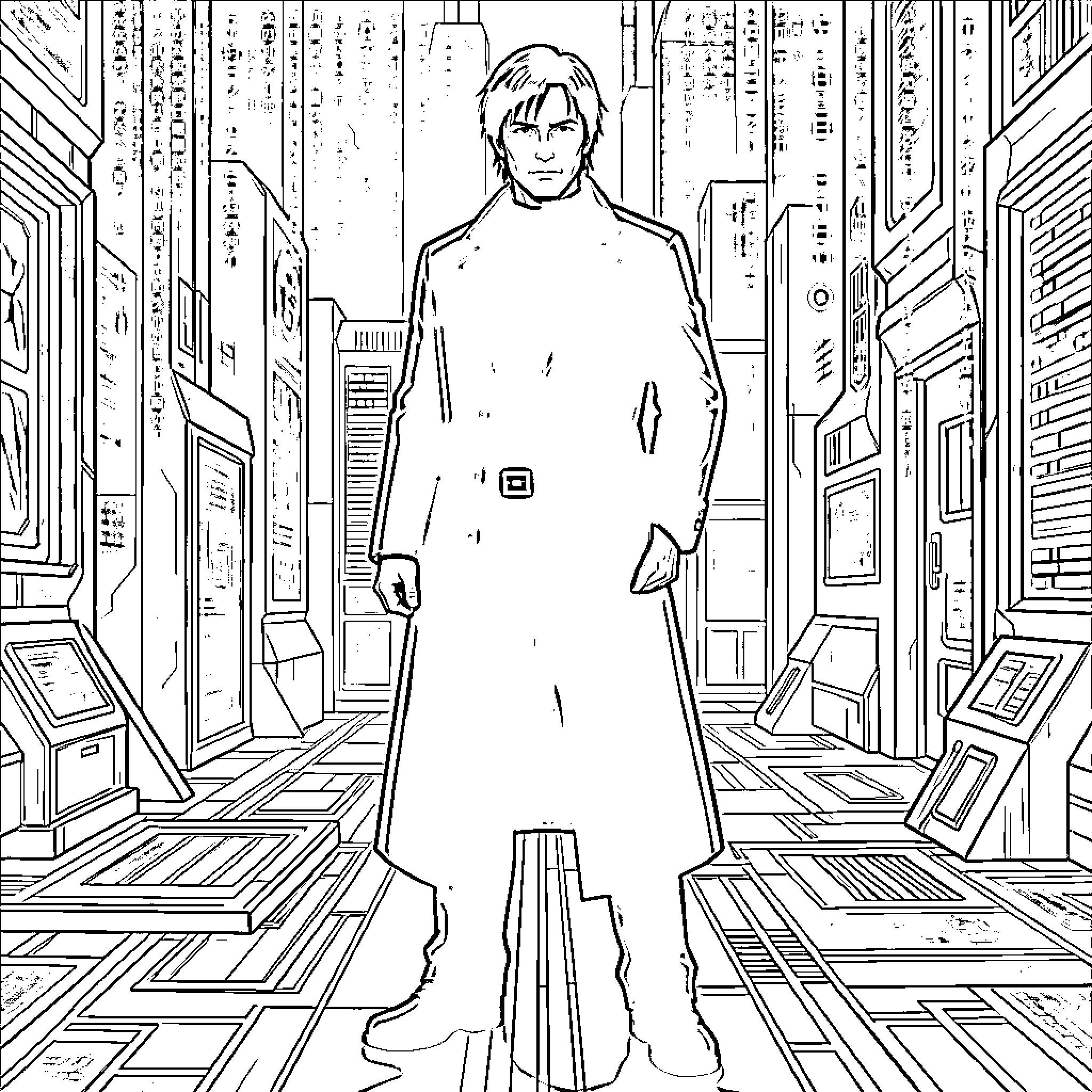 Keanu Reeves in a futuristic sci-fi setting Coloring Page (free black-and-white line drawing printable PDF for all, from beginners to advanced learners, including children, teens, adults, and seniors)