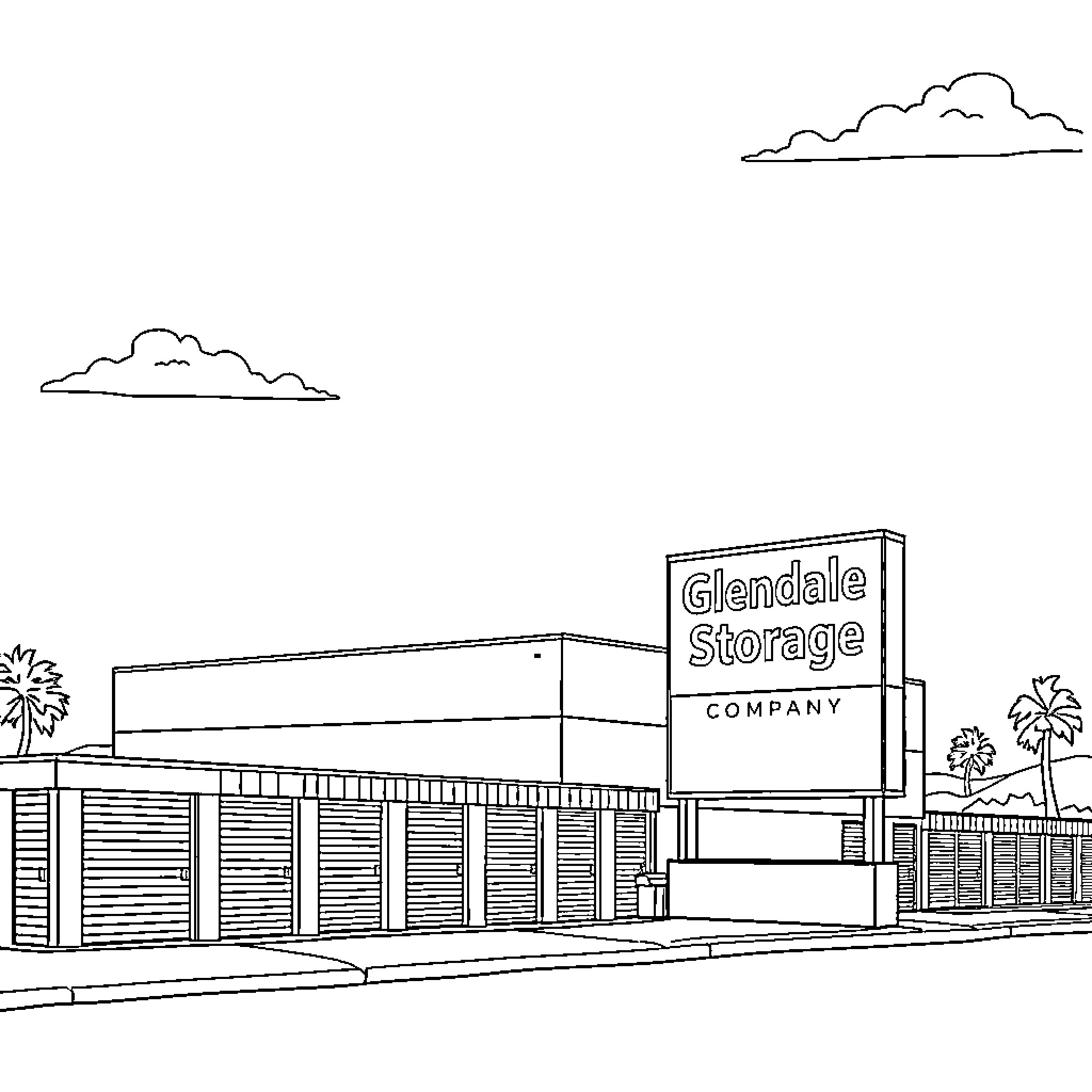 Self Storage facility with palm trees Coloring Page (free black-and-white line drawing printable PDF for all, from beginners to advanced learners, including children, teens, adults, and seniors)
