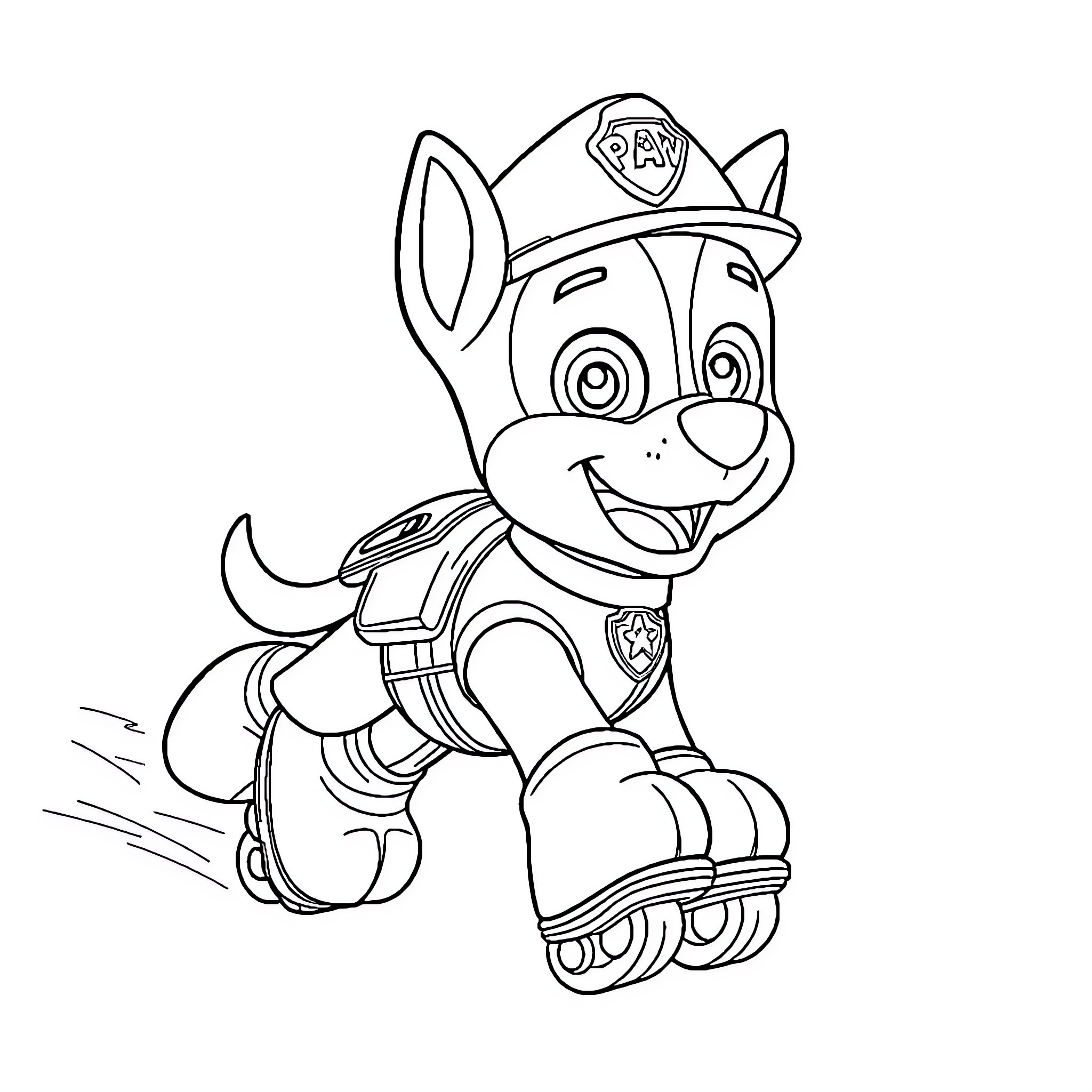 Chase's Heroic Adventure in the Paw Patrol Gear Coloring Page (free black-and-white line drawing printable PDF for all, from beginners to advanced learners, including children, teens, adults, and seniors)