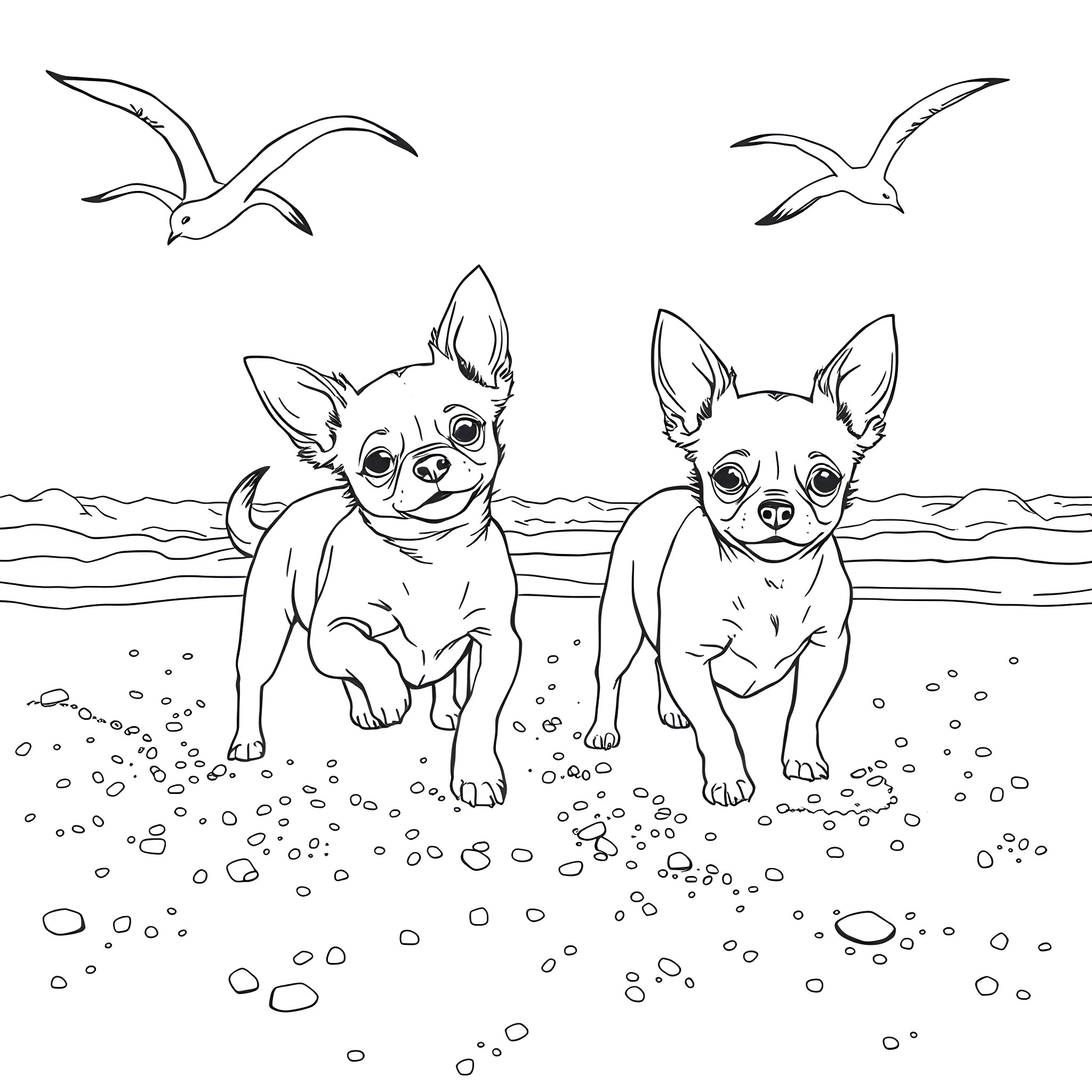 Chihuahuas playing on the beach with seagulls Coloring Page (free black-and-white line drawing printable PDF for all, from beginners to advanced learners, including children, teens, adults, and seniors)