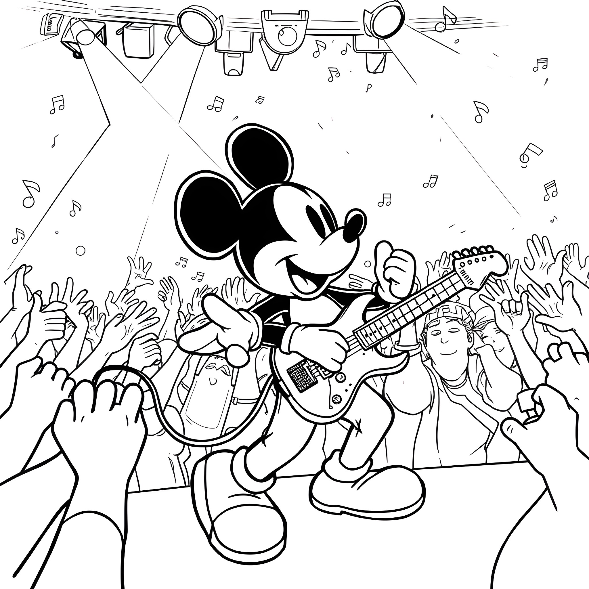 Mickey Mouse performing on stage with crowd Coloring Page (free black-and-white line drawing printable PDF for all, from beginners to advanced learners, including children, teens, adults, and seniors)
