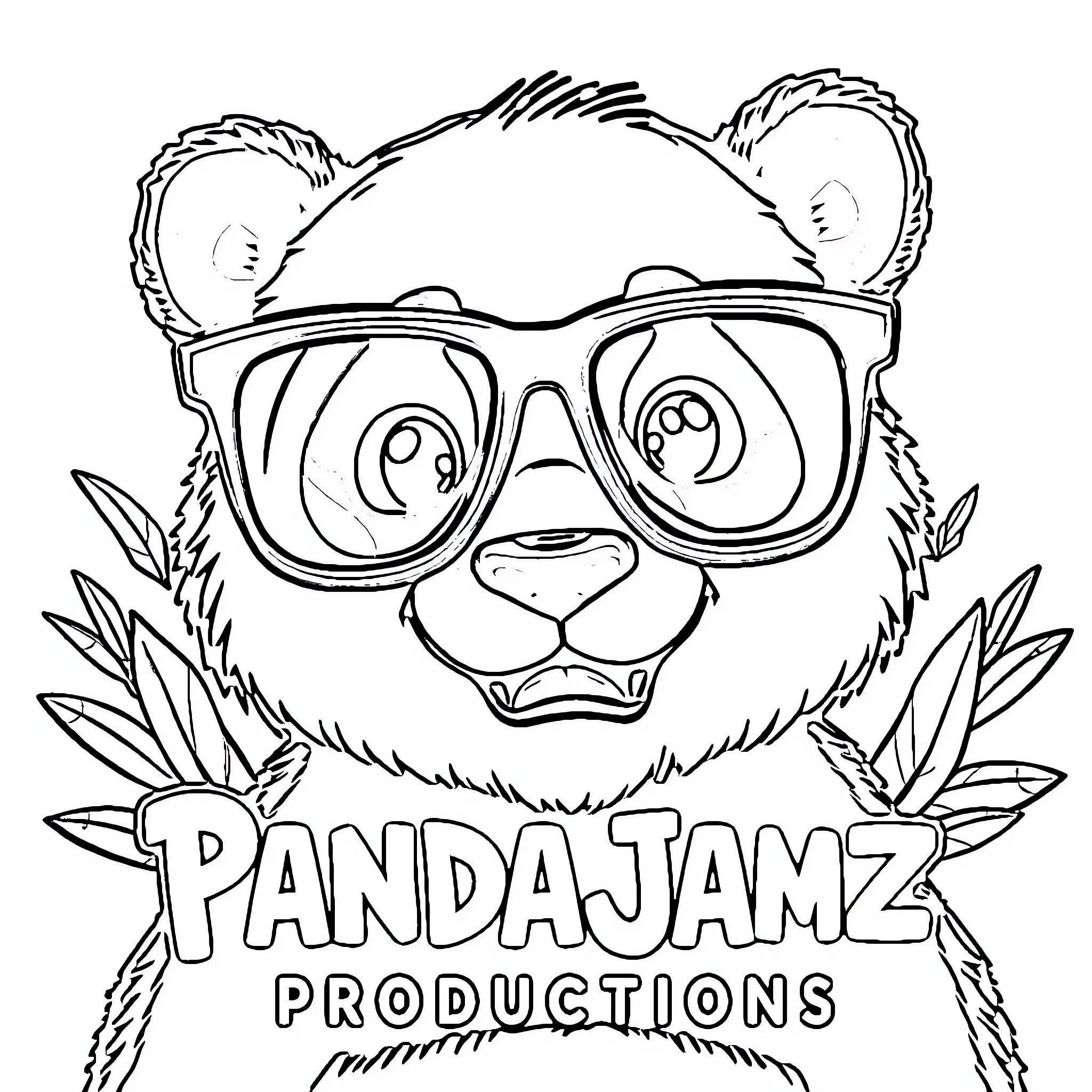 Logo of a panda wearing glasses in a playful scene Coloring Page (free black-and-white line drawing printable PDF for all, from beginners to advanced learners, including children, teens, adults, and seniors)