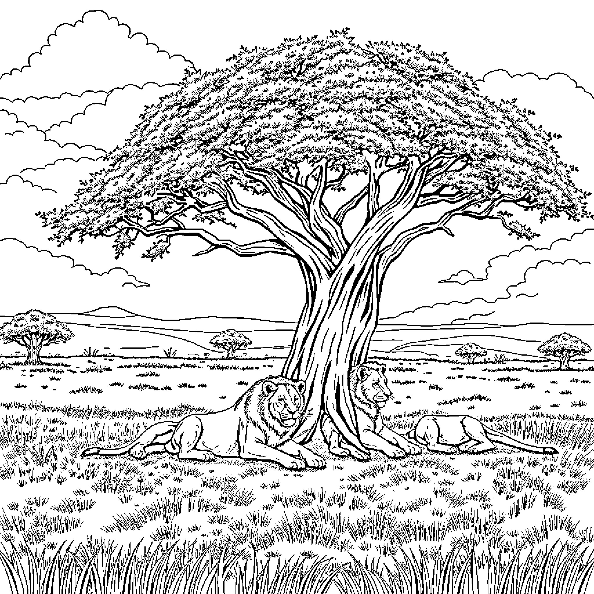 Lion resting under massive tree in the savanna Coloring Page (free black-and-white line drawing printable PDF for all, from beginners to advanced learners, including children, teens, adults, and seniors)