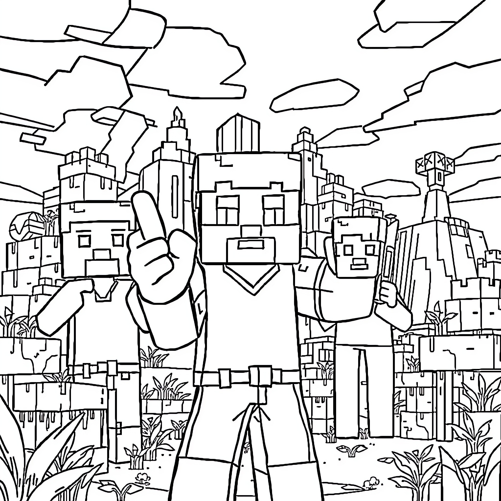 Minecraft characters exploring a blocky city landscape Coloring Page (free black-and-white line drawing printable PDF for all, from beginners to advanced learners, including children, teens, adults, and seniors)