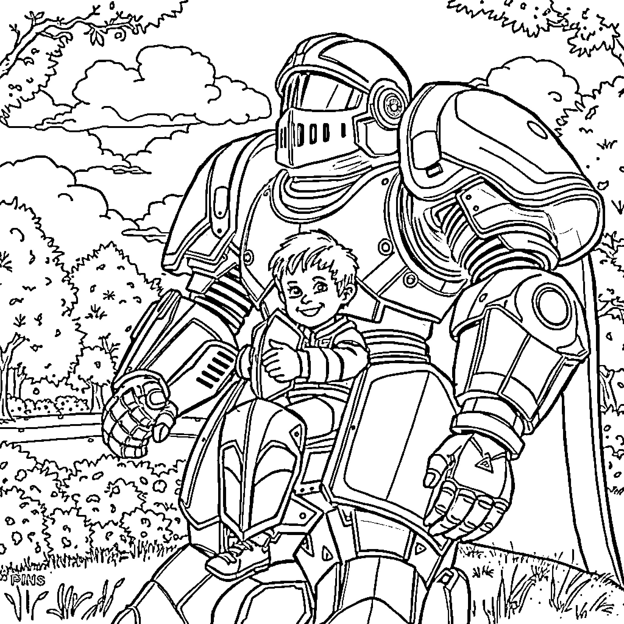 Robot protects a young boy in the forest Coloring Page (free black-and-white line drawing printable PDF for all, from beginners to advanced learners, including children, teens, adults, and seniors)