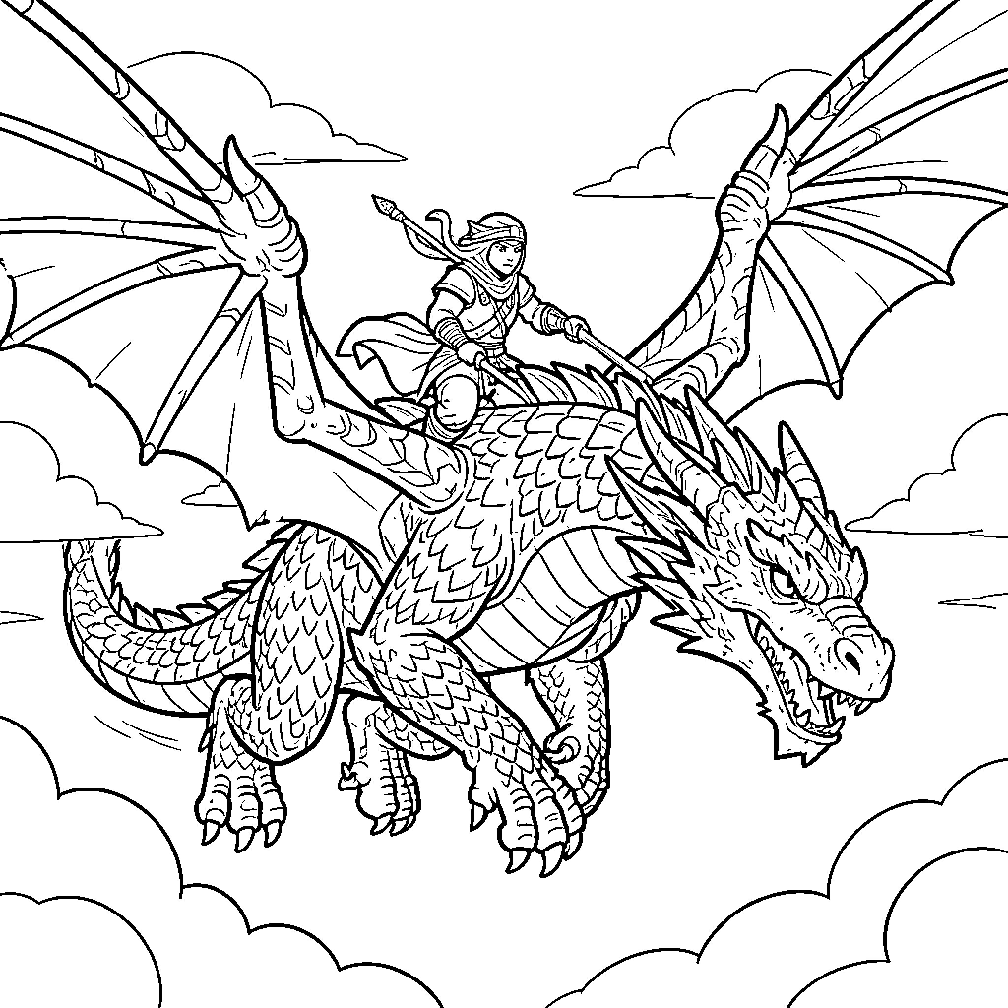 Ninjago warrior riding a large dragon through clouds Coloring Page (free black-and-white line drawing printable PDF for all, from beginners to advanced learners, including children, teens, adults, and seniors)