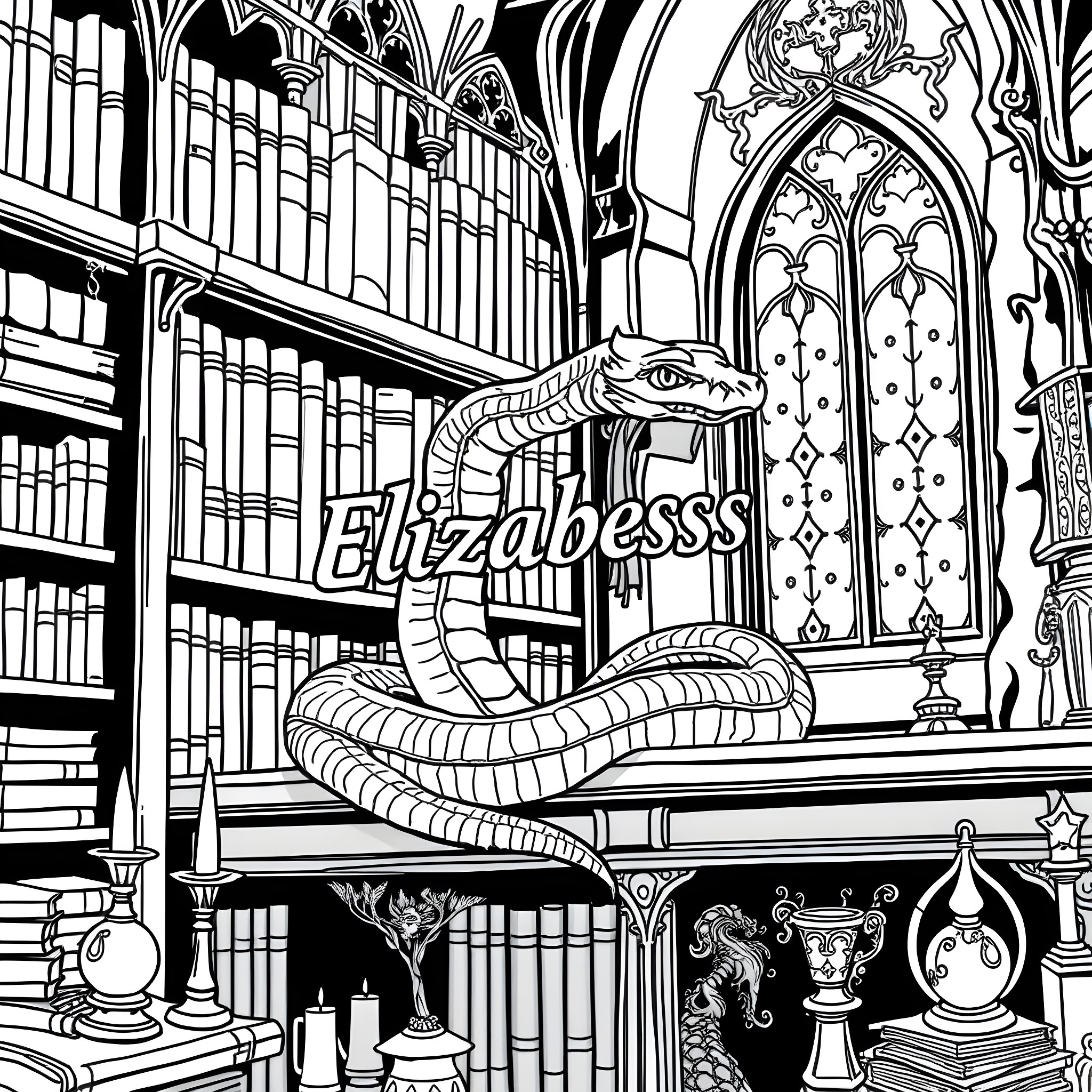 Snake Slithering in a Magical Library Coloring Page (free black-and-white line drawing printable PDF for all, from beginners to advanced learners, including children, teens, adults, and seniors)