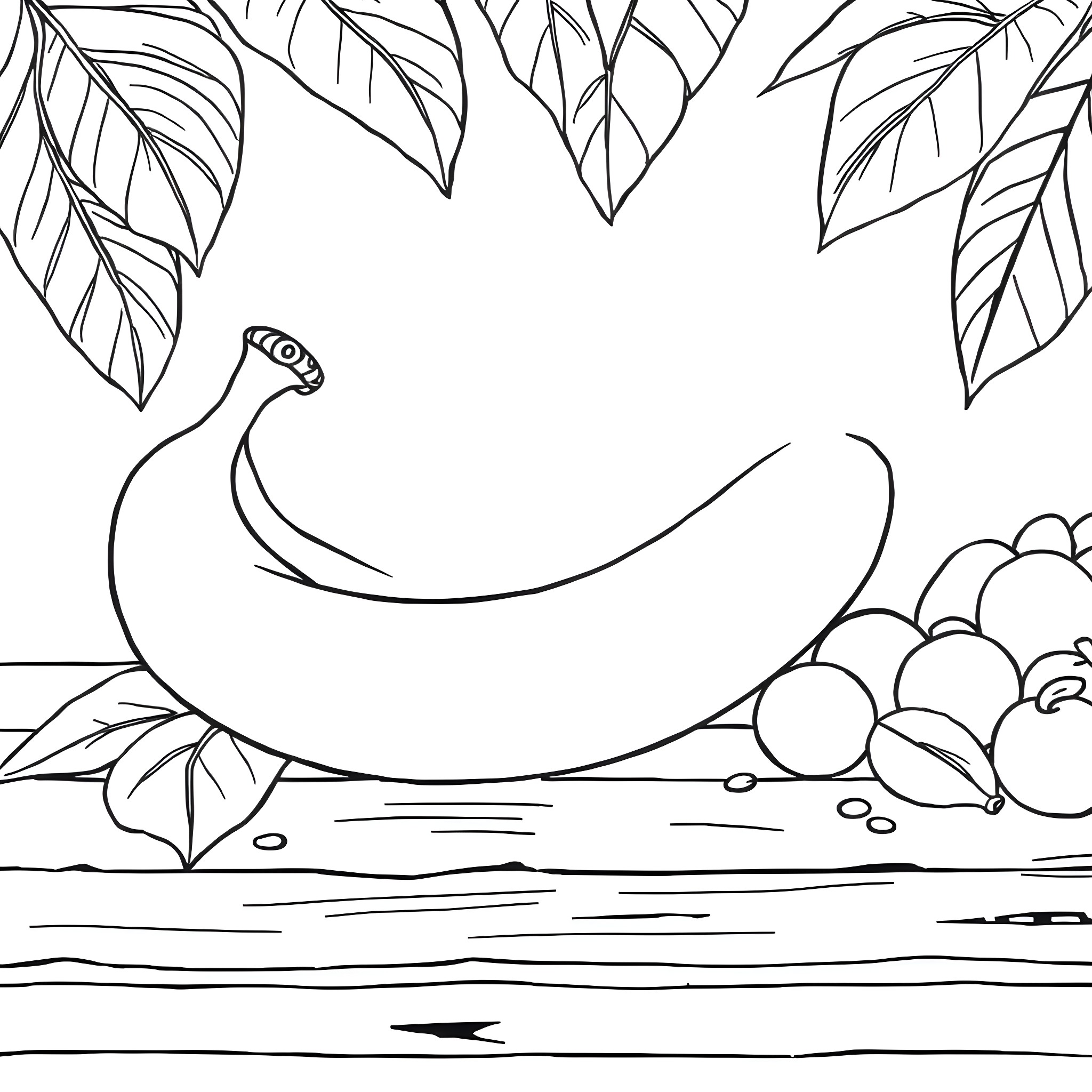 Banana surrounded by tropical leaves and fruits Coloring Page (free black-and-white line drawing printable PDF for all, from beginners to advanced learners, including children, teens, adults, and seniors)