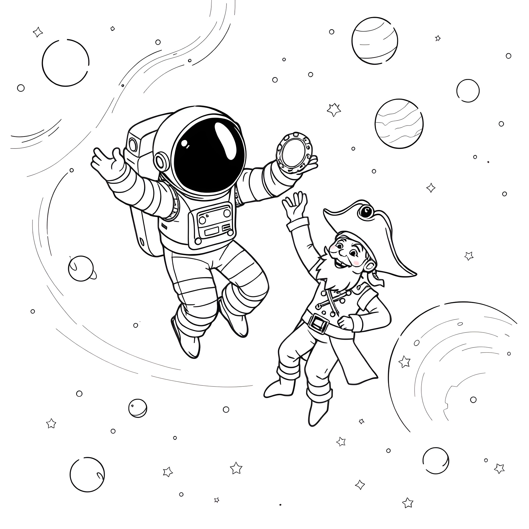 Astronaut and astronaut companion explore outer space Coloring Page (free black-and-white line drawing printable PDF for all, from beginners to advanced learners, including children, teens, adults, and seniors)