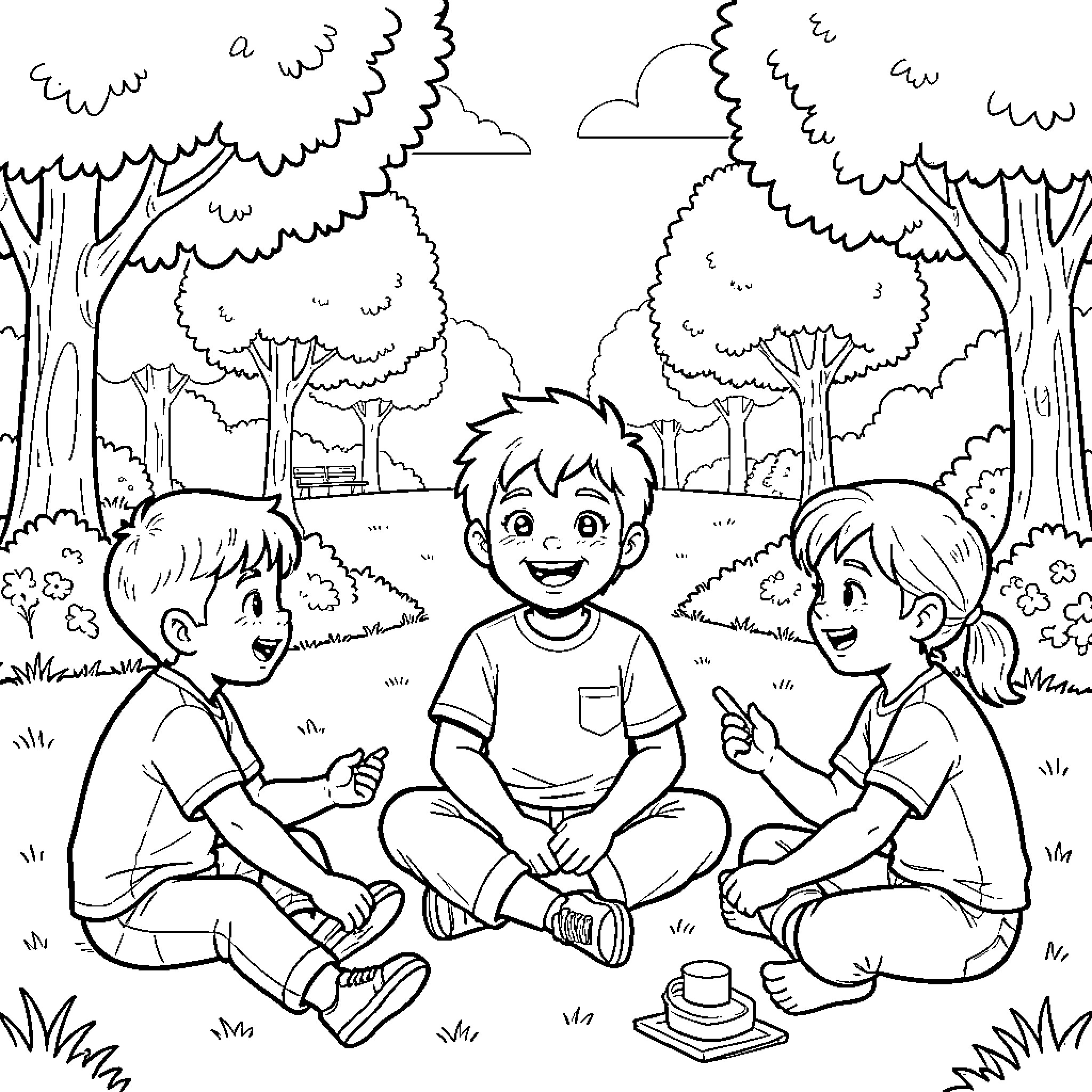 Mouloud playing happily with friends in the park Coloring Page (free black-and-white line drawing printable PDF for all, from beginners to advanced learners, including children, teens, adults, and seniors)