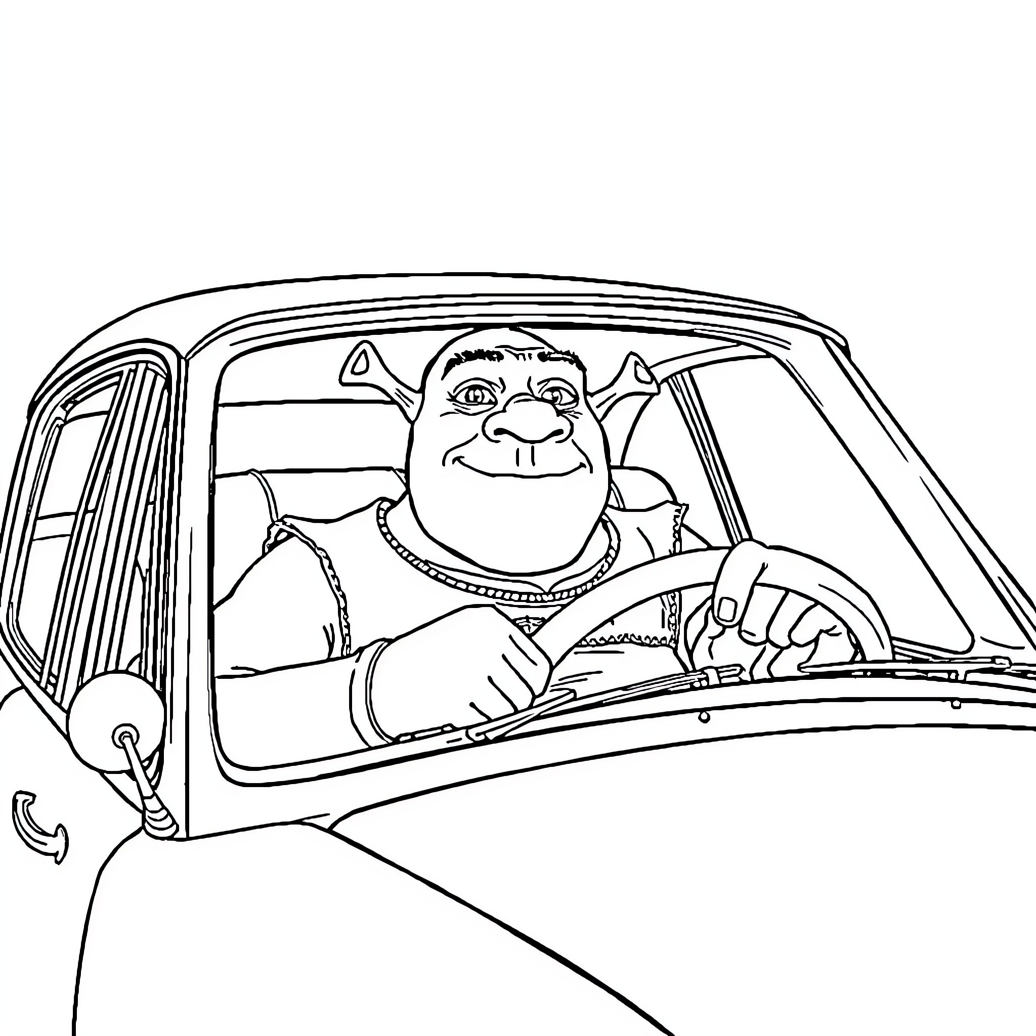 Shrek driving a car with a happy expression Coloring Page (free black-and-white line drawing printable PDF for all, from beginners to advanced learners, including children, teens, adults, and seniors)