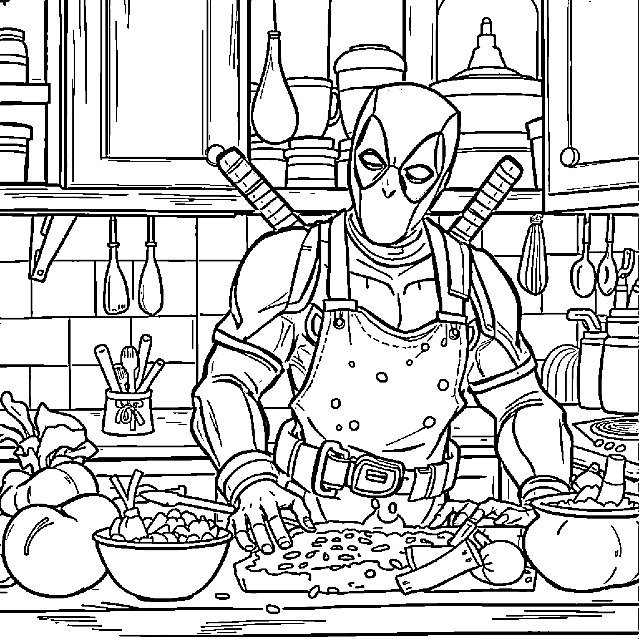 Deadpool cooking up a storm in the kitchen Coloring Page (free black-and-white line drawing printable PDF for all, from beginners to advanced learners, including children, teens, adults, and seniors)