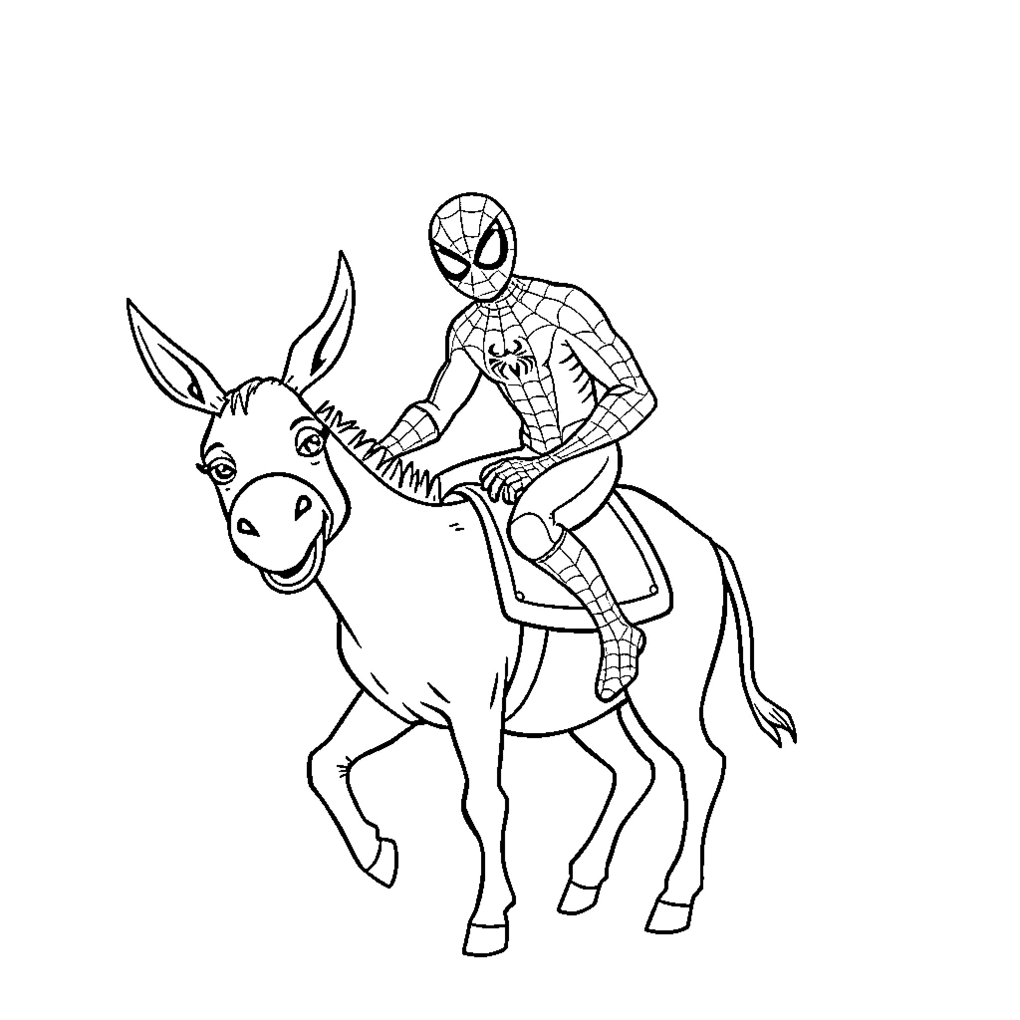 Spiderman riding a donkey in a whimsical scene Coloring Page (free black-and-white line drawing printable PDF for all, from beginners to advanced learners, including children, teens, adults, and seniors)