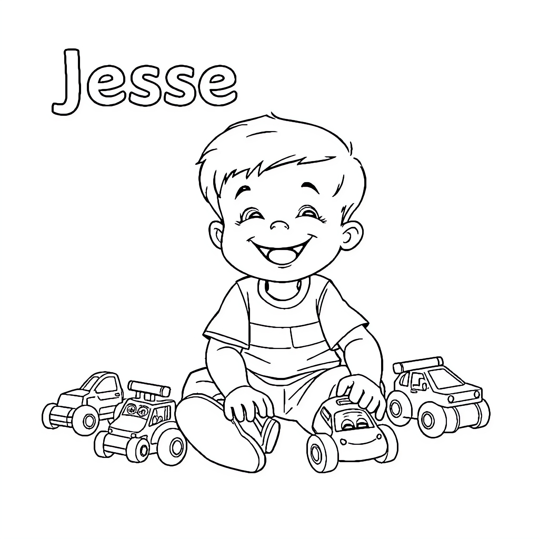 Boy playing with toy vehicles happily Coloring Page (free black-and-white line drawing printable PDF for all, from beginners to advanced learners, including children, teens, adults, and seniors)