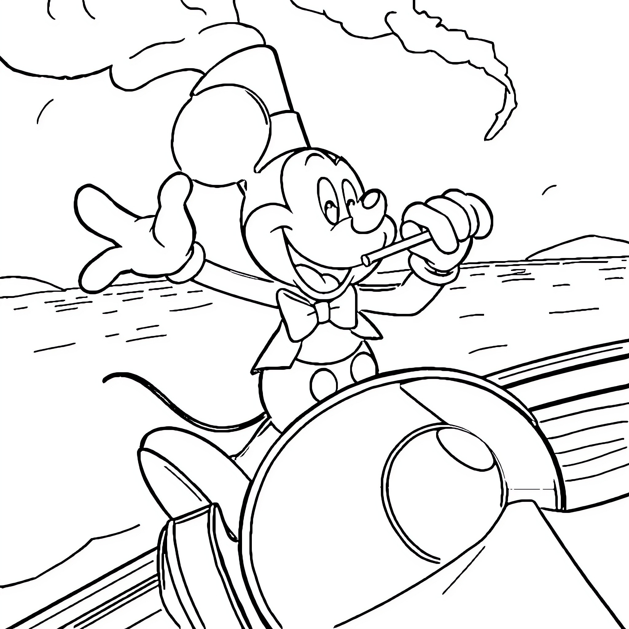 Steamboat Willie steering a steamboat on the river Coloring Page (free black-and-white line drawing printable PDF for all, from beginners to advanced learners, including children, teens, adults, and seniors)