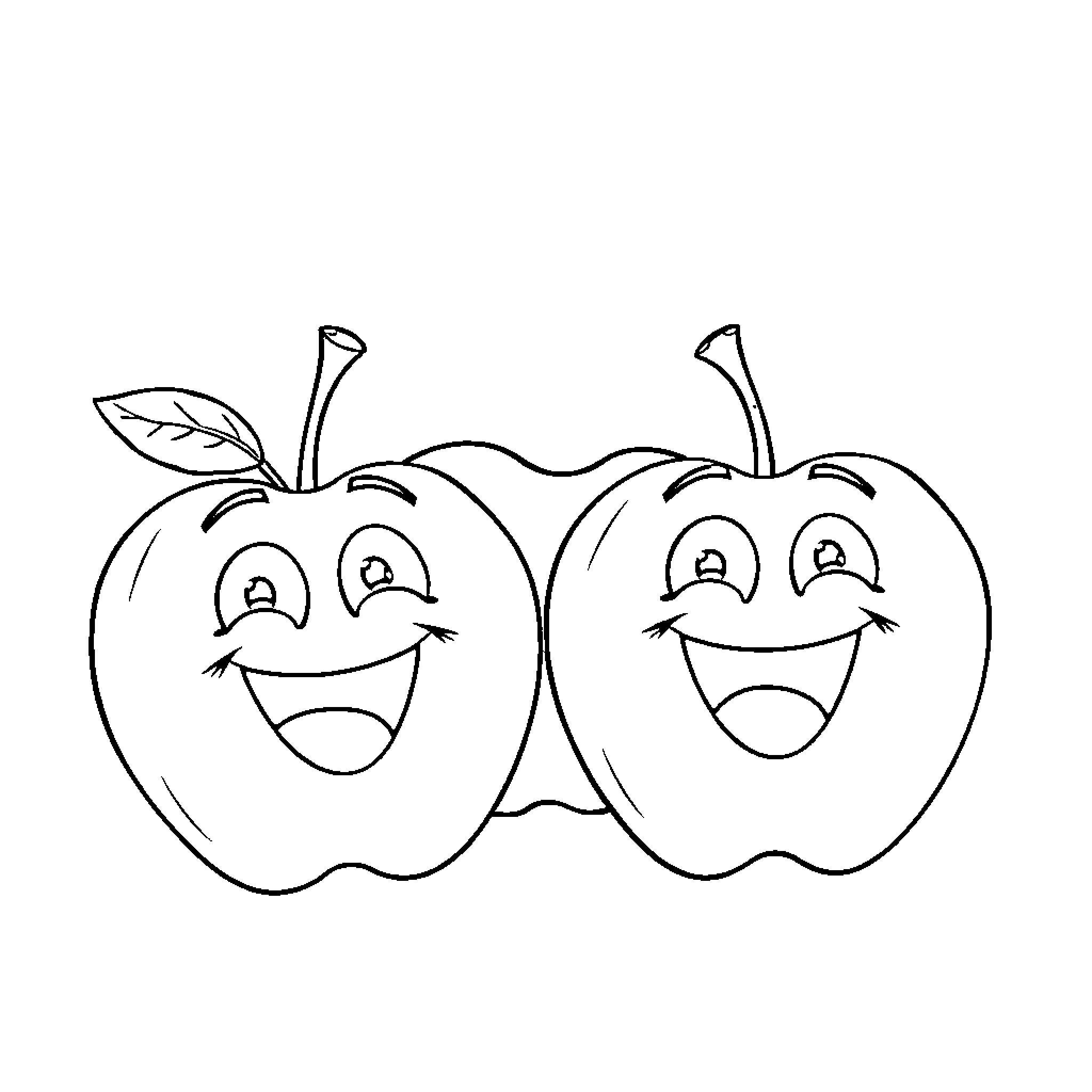 Apple friends playing happily together Coloring Page (free black-and-white line drawing printable PDF for all, from beginners to advanced learners, including children, teens, adults, and seniors)