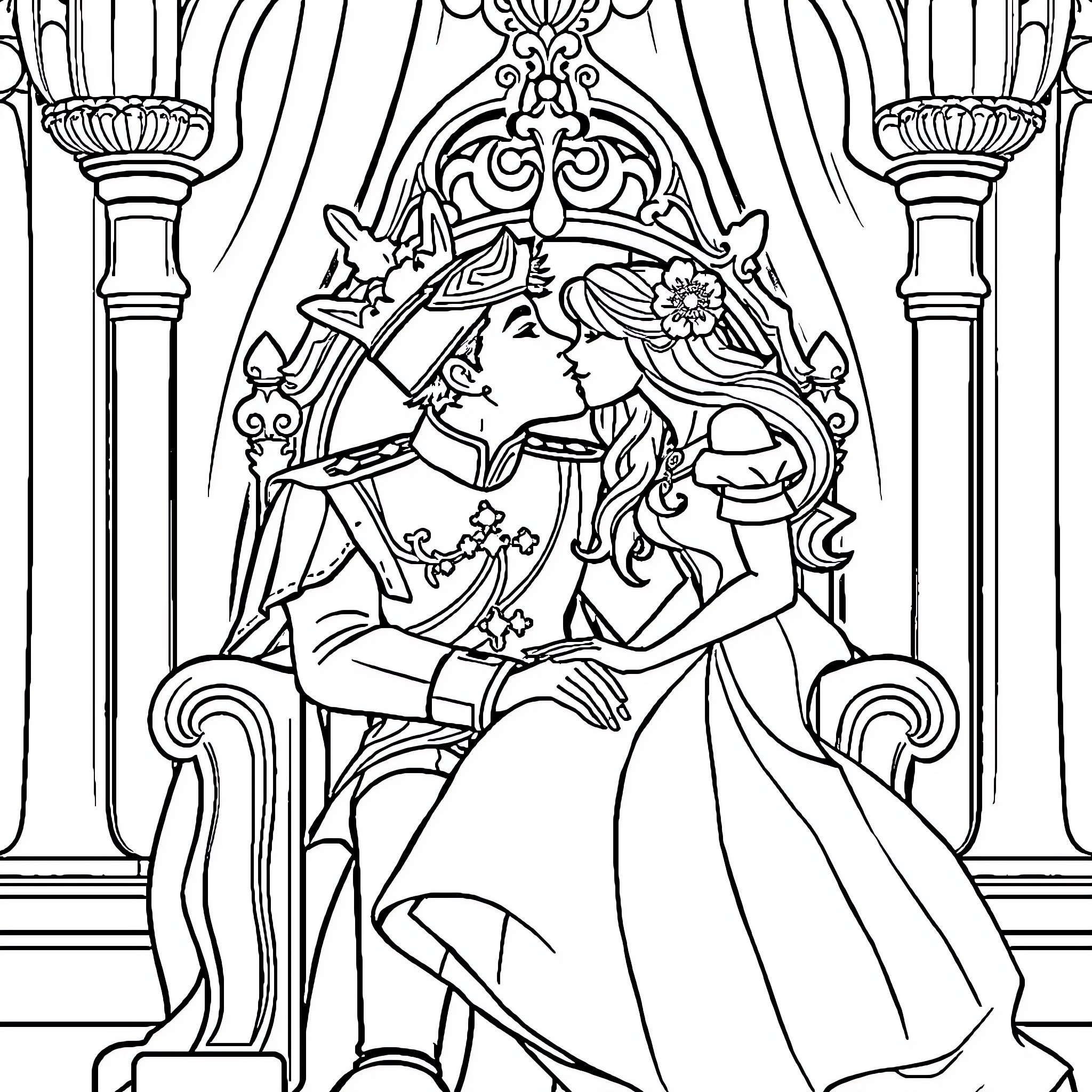 Prince and Princess in Romantic Embrace Coloring Page (free black-and-white line drawing printable PDF for all, from beginners to advanced learners, including children, teens, adults, and seniors)