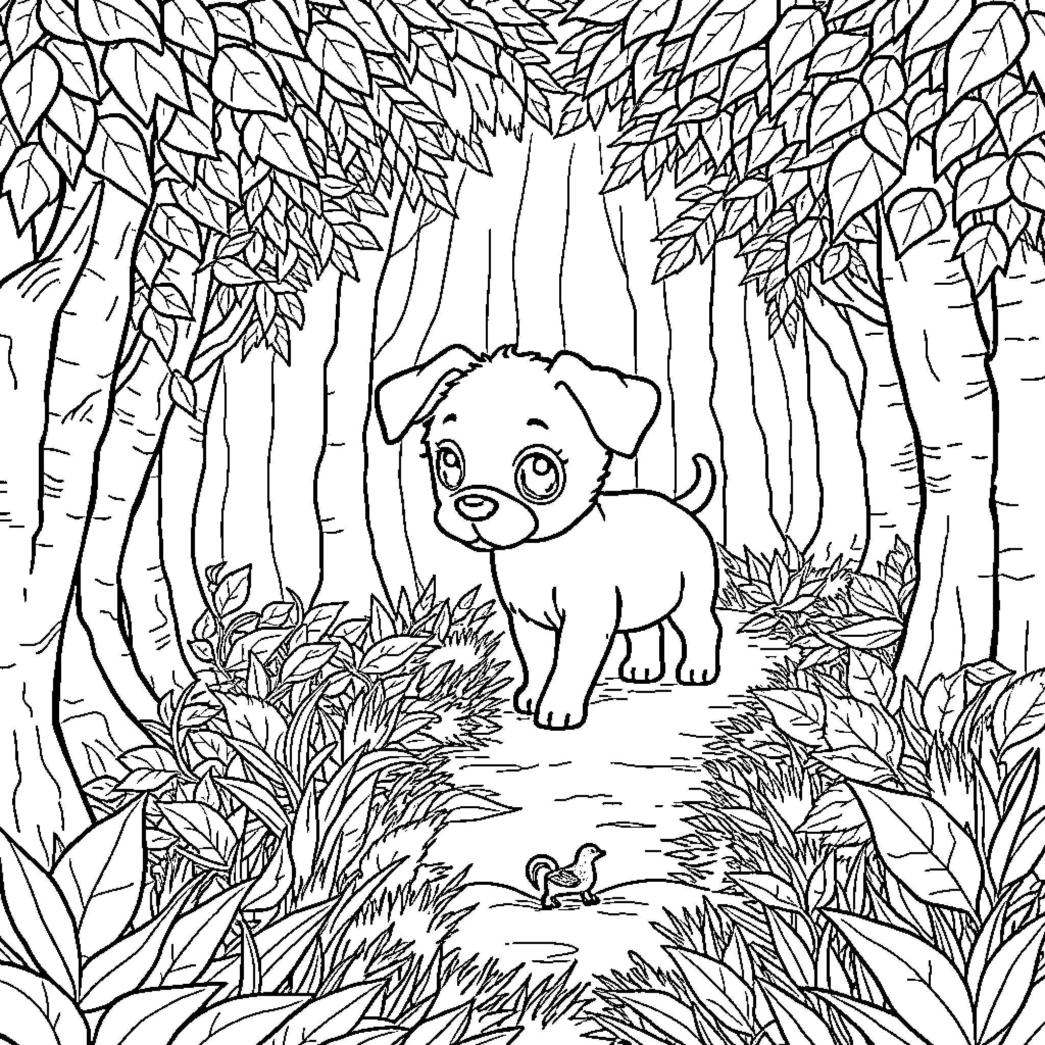 Puppy exploring the enchanted forest Coloring Page (free black-and-white line drawing printable PDF for all, from beginners to advanced learners, including children, teens, adults, and seniors)