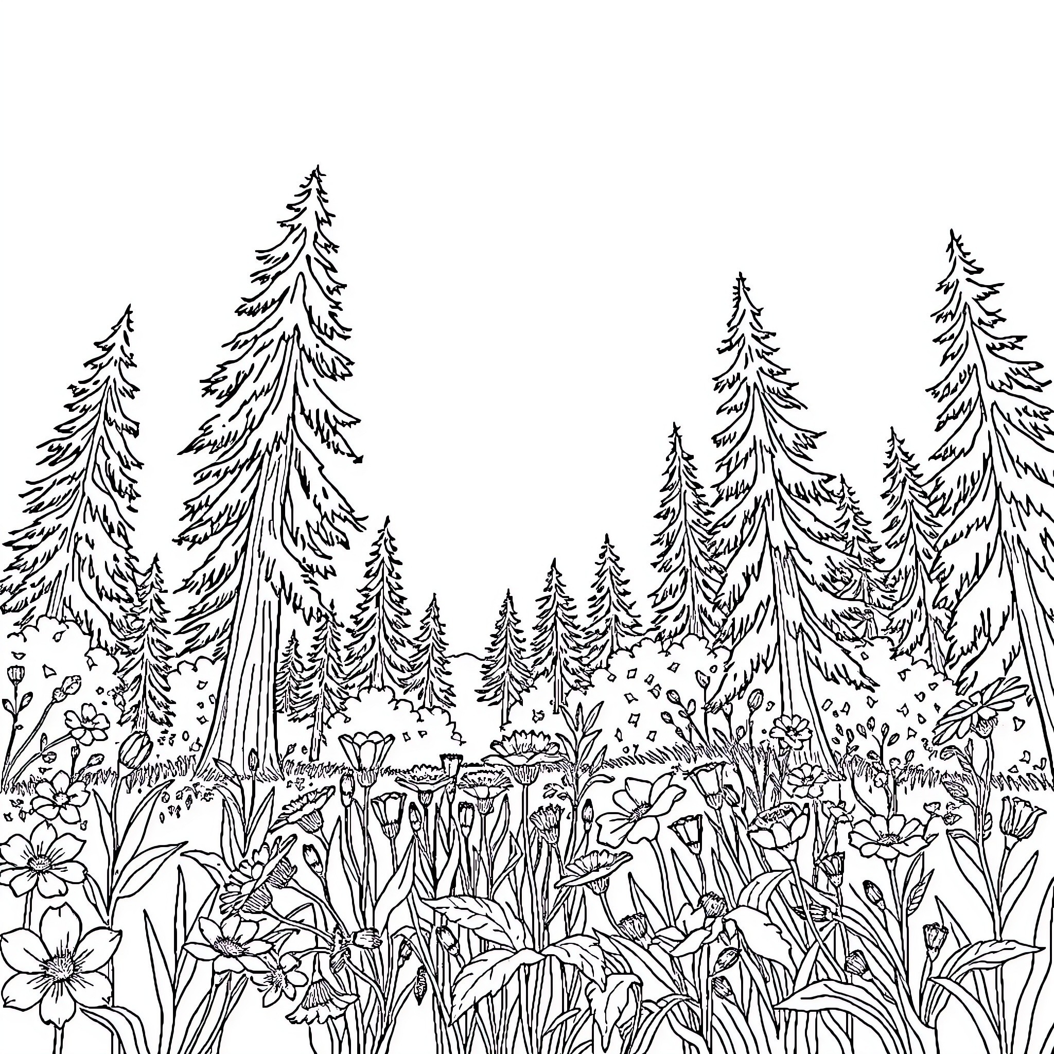 Nature's Vibrant Forest Sanctuary Coloring Page (free black-and-white line drawing printable PDF for all, from beginners to advanced learners, including children, teens, adults, and seniors)