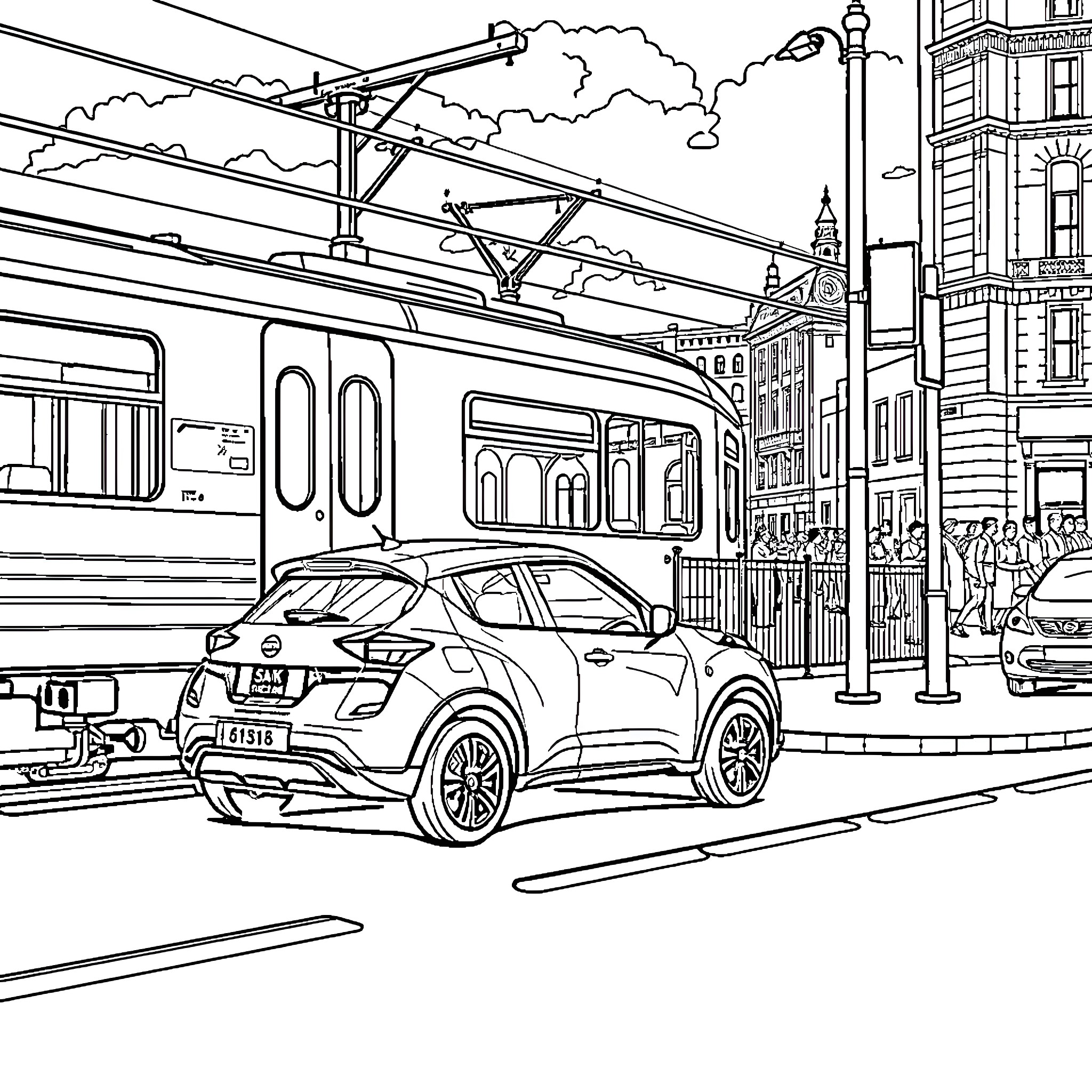 Train transporting passengers through busy city street Coloring Page (free black-and-white line drawing printable PDF for all, from beginners to advanced learners, including children, teens, adults, and seniors)