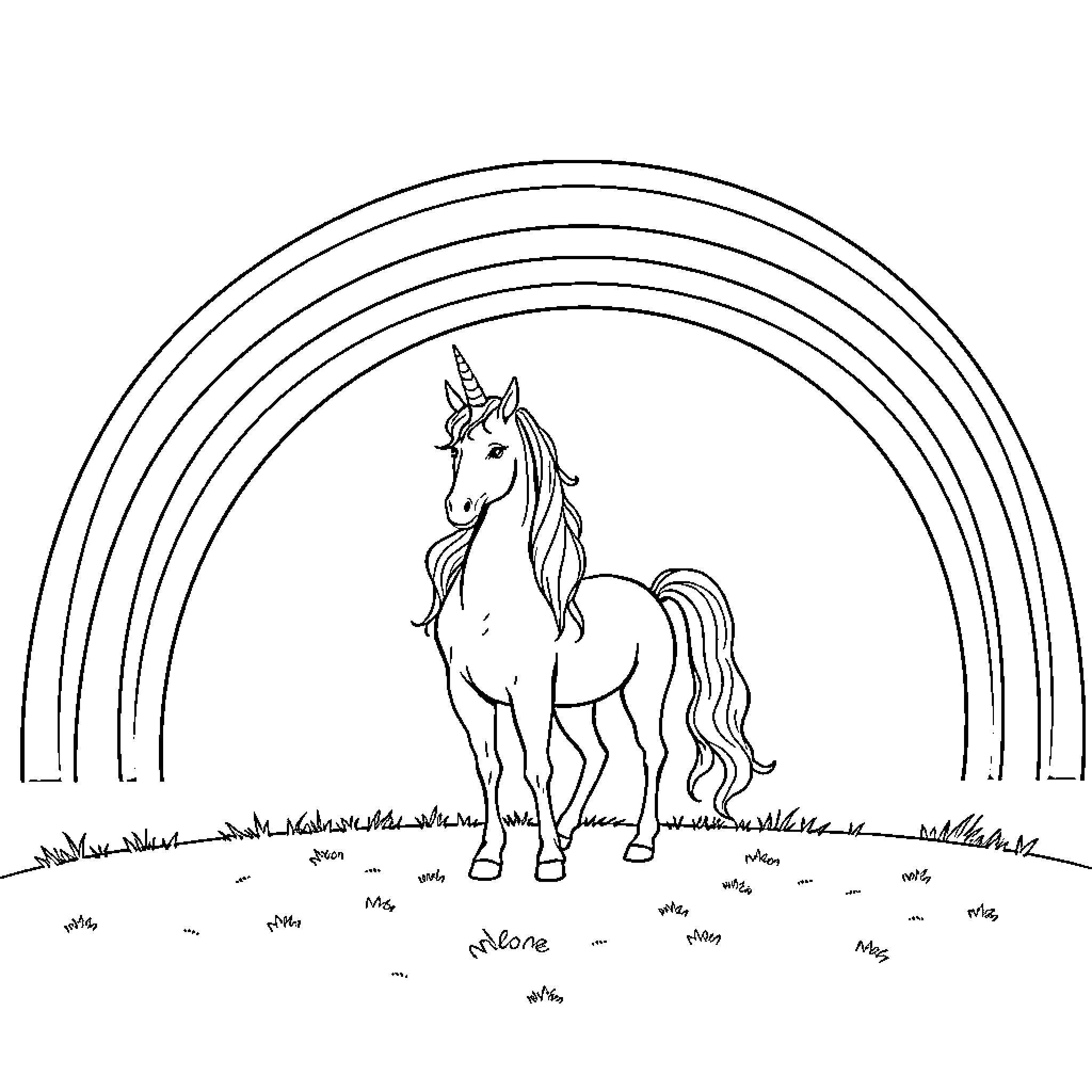 Unicorn standing amidst rainbow-like arches Coloring Page (free black-and-white line drawing printable PDF for all, from beginners to advanced learners, including children, teens, adults, and seniors)